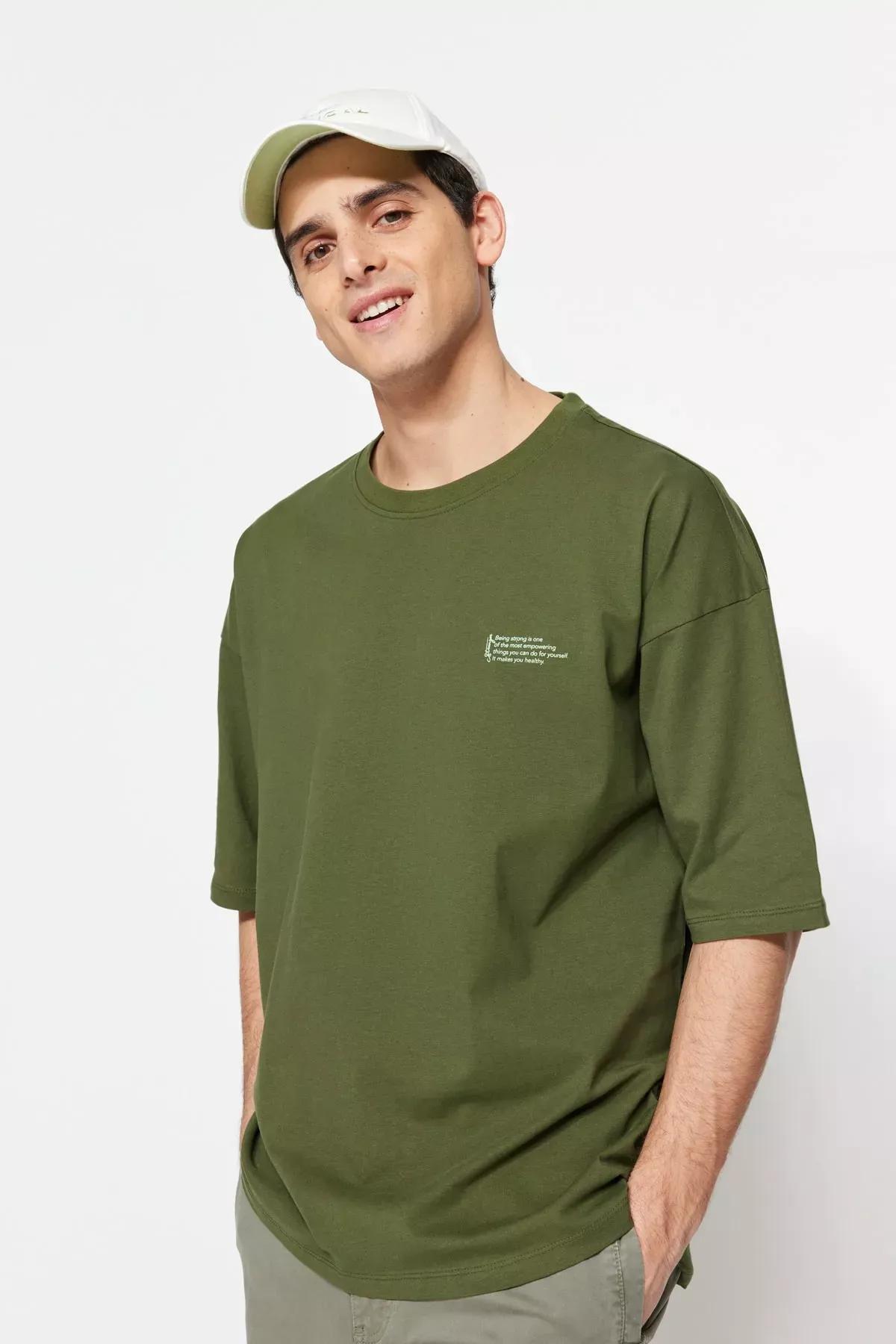 Khaki Printed Oversize T-Shirt, Khaki, medium