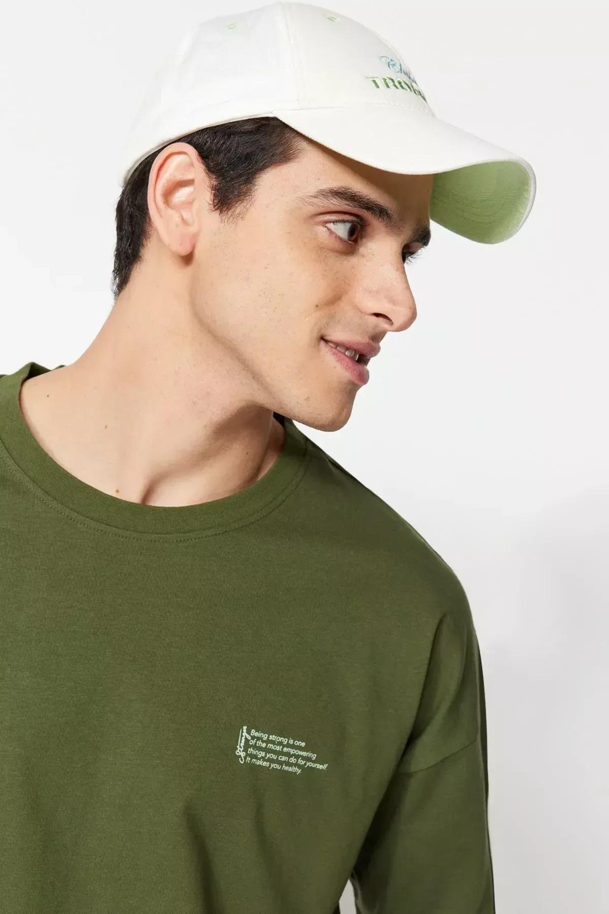 Khaki Printed Oversize T-Shirt, Khaki, medium