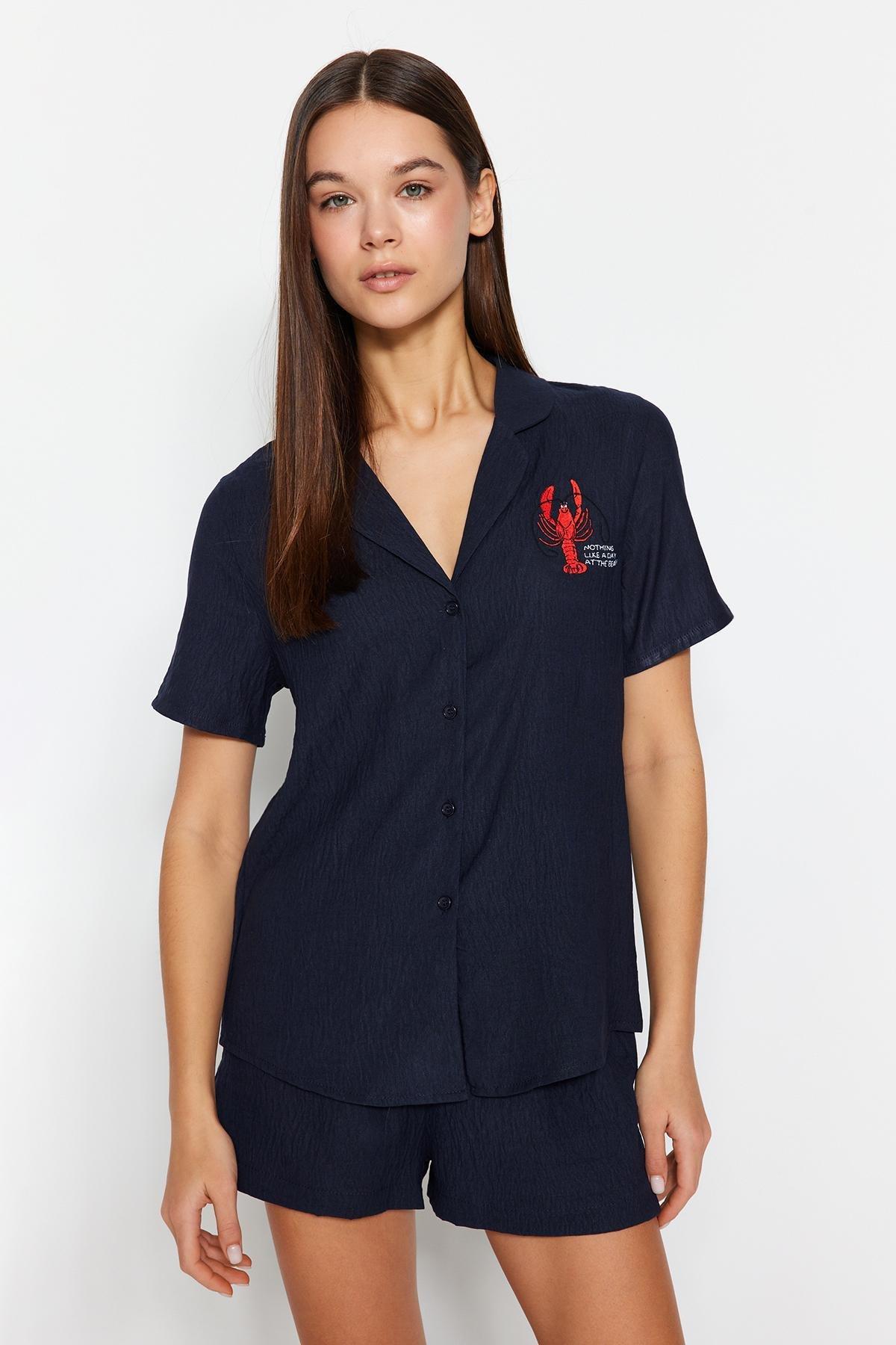 Blue Embroidered Viscose Woven Pyjamas Set, , large image number 0