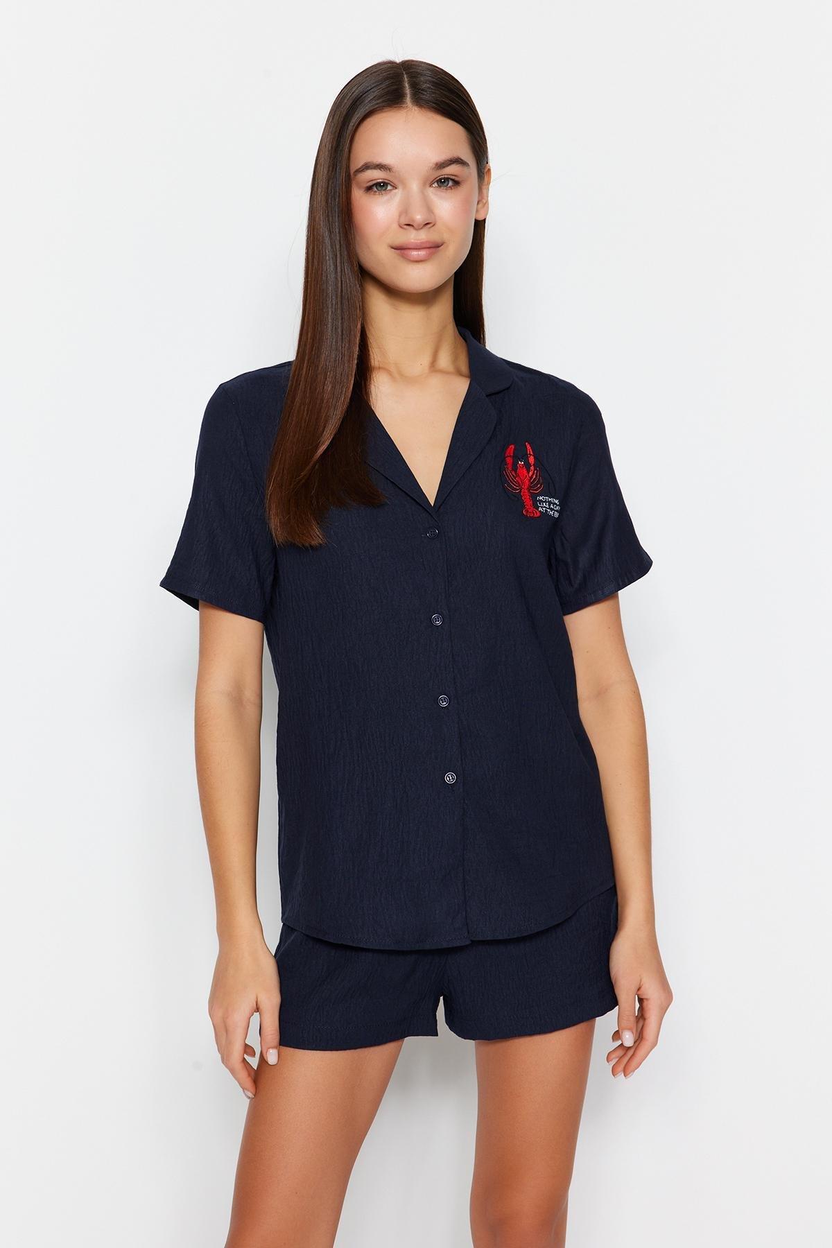 Blue Embroidered Viscose Woven Pyjamas Set, , large image number 2