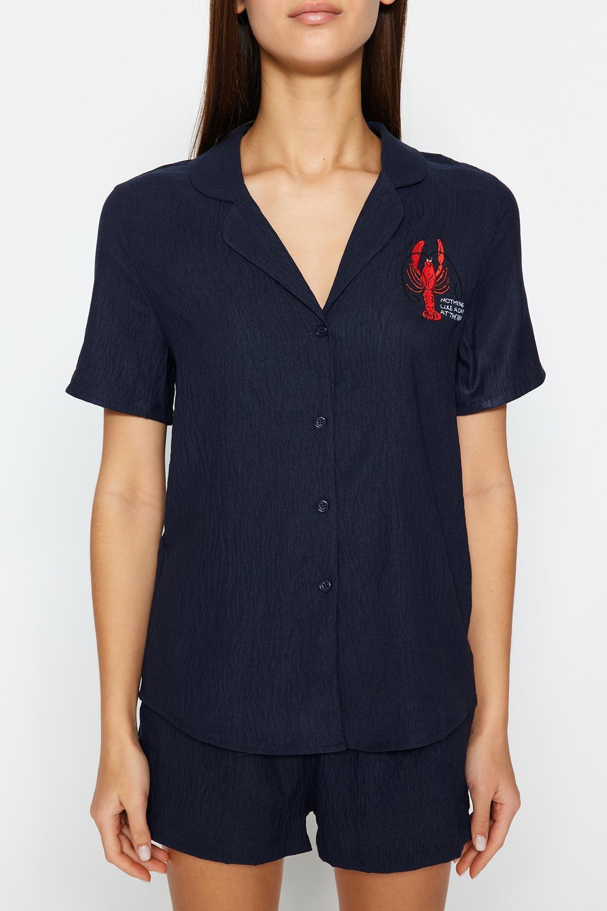 Blue Embroidered Viscose Woven Pyjamas Set, , large image number 3