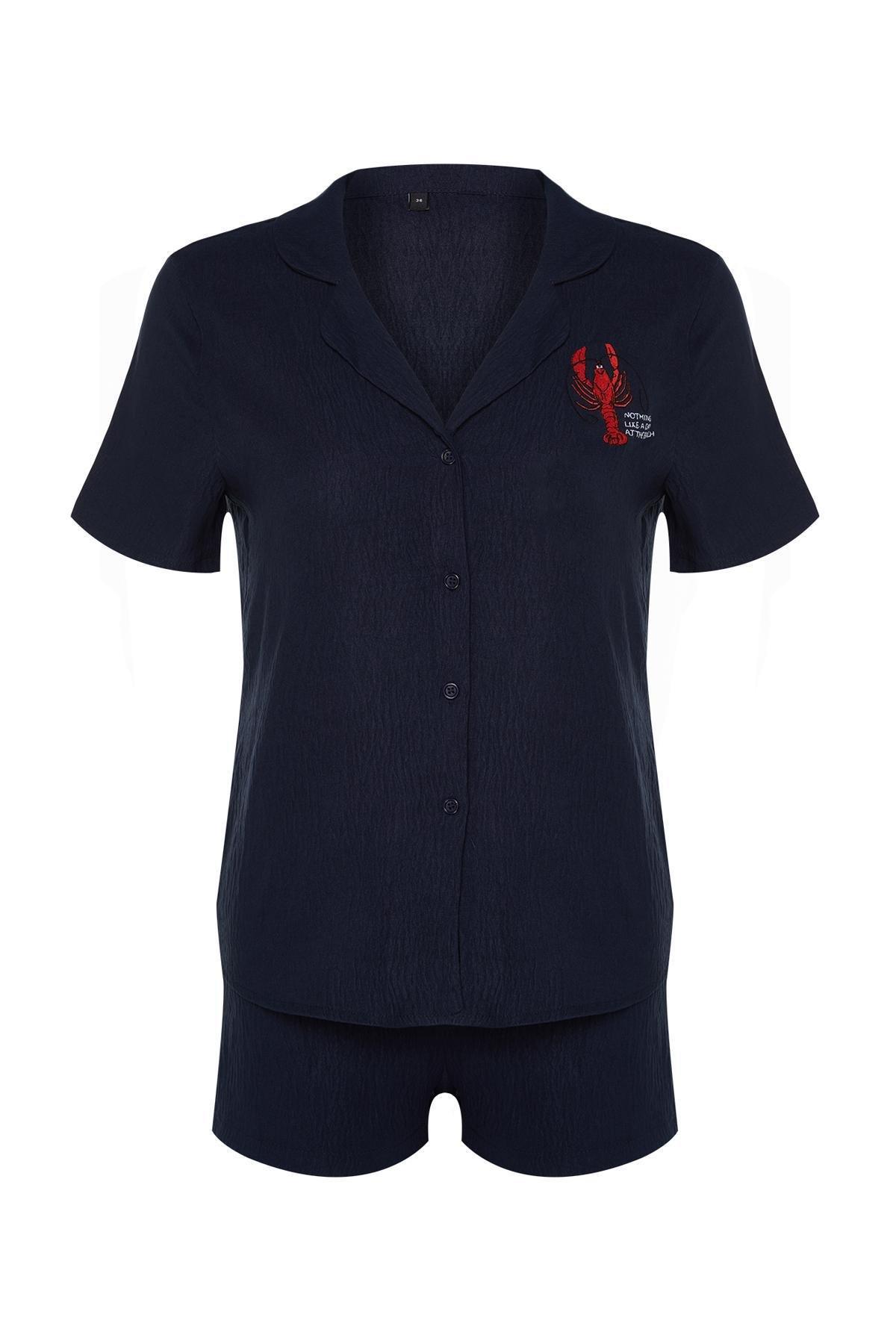 Blue Embroidered Viscose Woven Pyjamas Set, , large image number 5