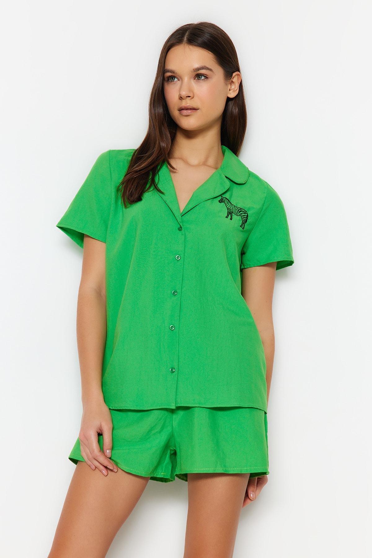 Green Shirt Collar Pajama Set, , large image number 1