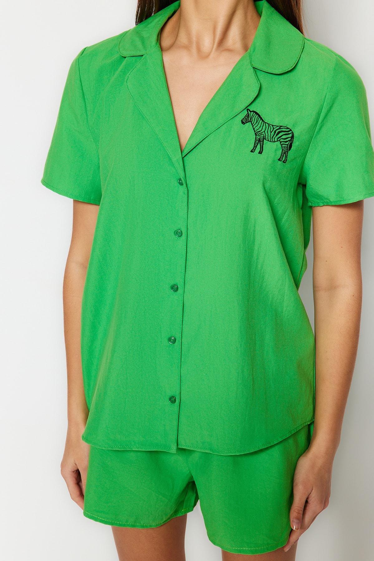 Green Shirt Collar Pajama Set, , large image number 4