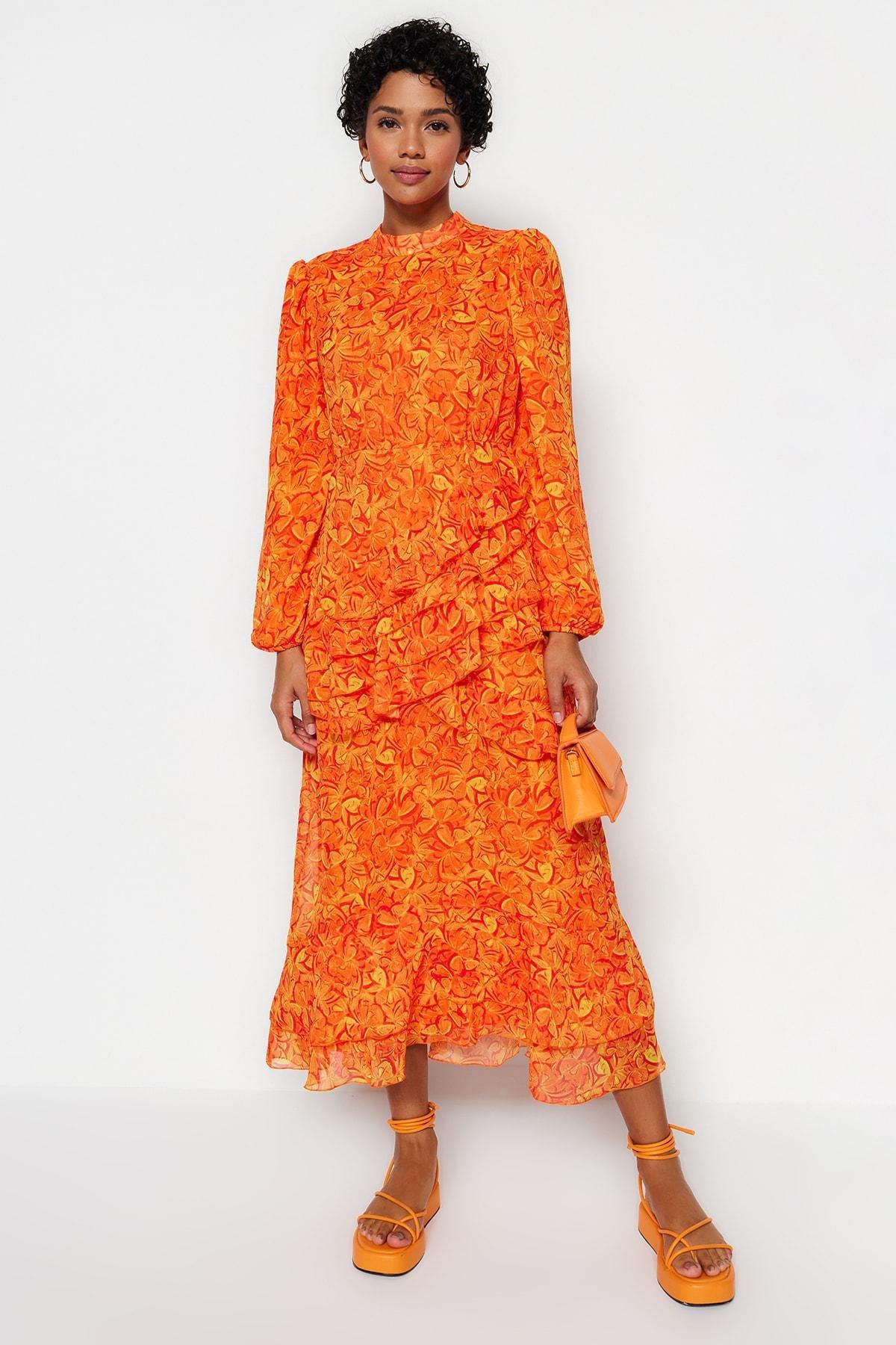 Orange Floral Ruffle Hem Dress, , large image number 0
