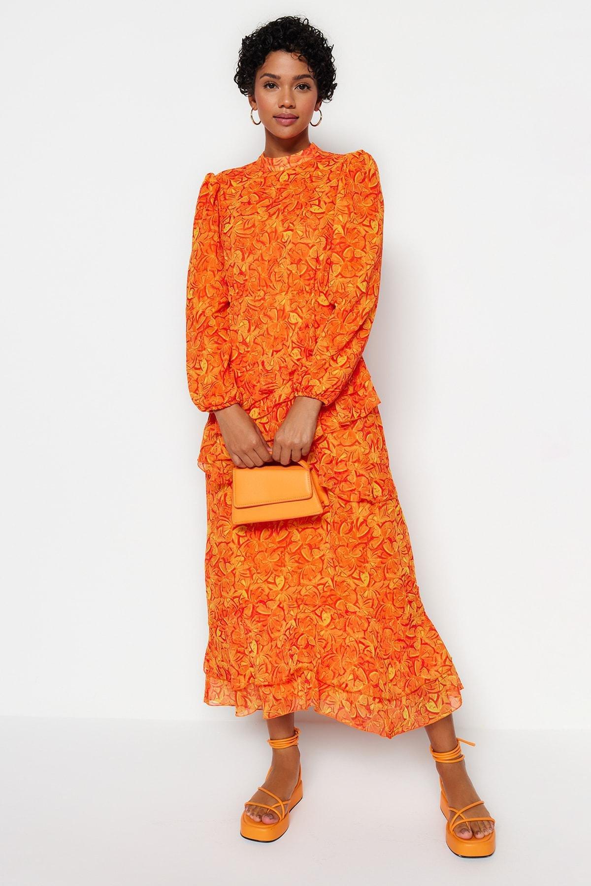 Orange Floral Ruffle Hem Dress, , large image number 1
