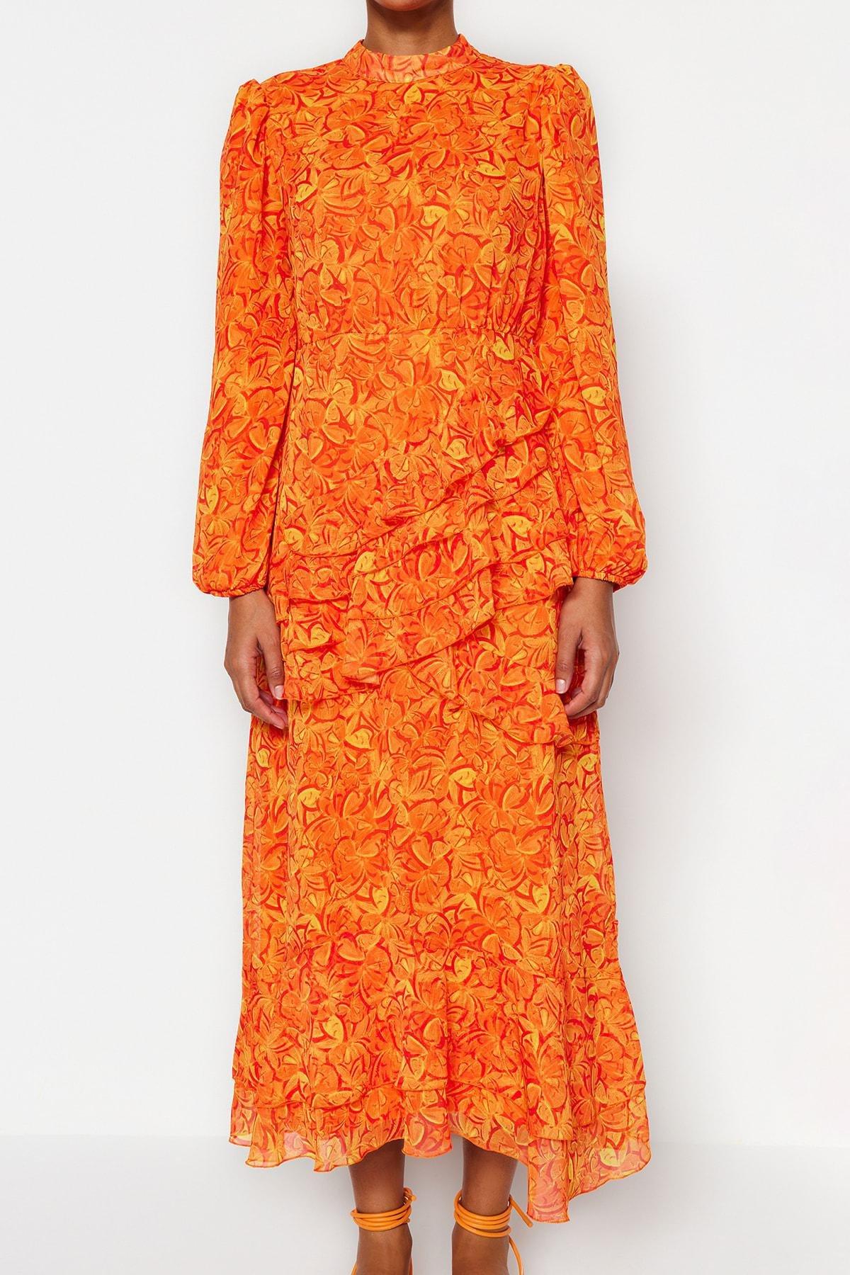 Orange Floral Ruffle Hem Dress, , large image number 2