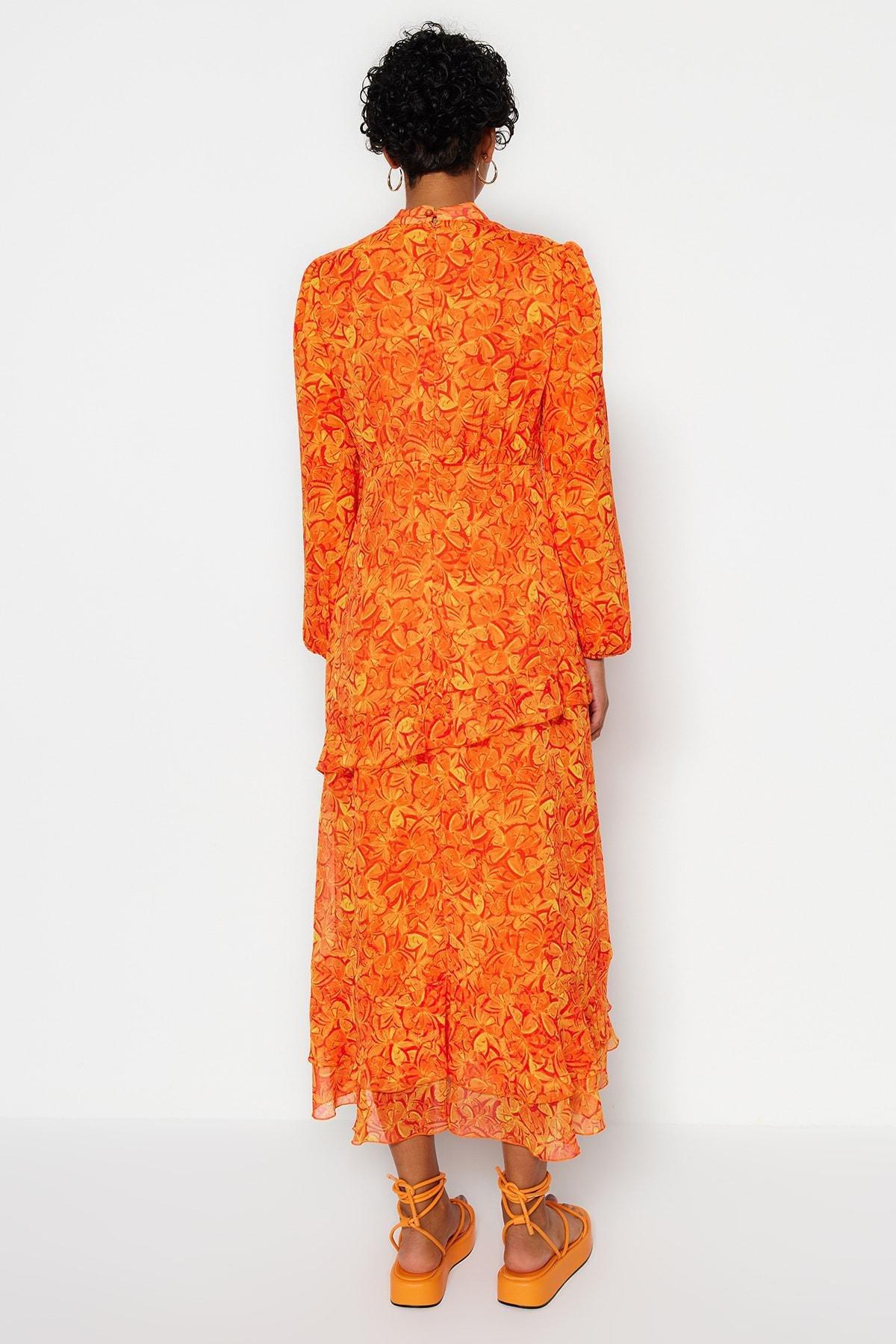 Orange Floral Ruffle Hem Dress, , large image number 4