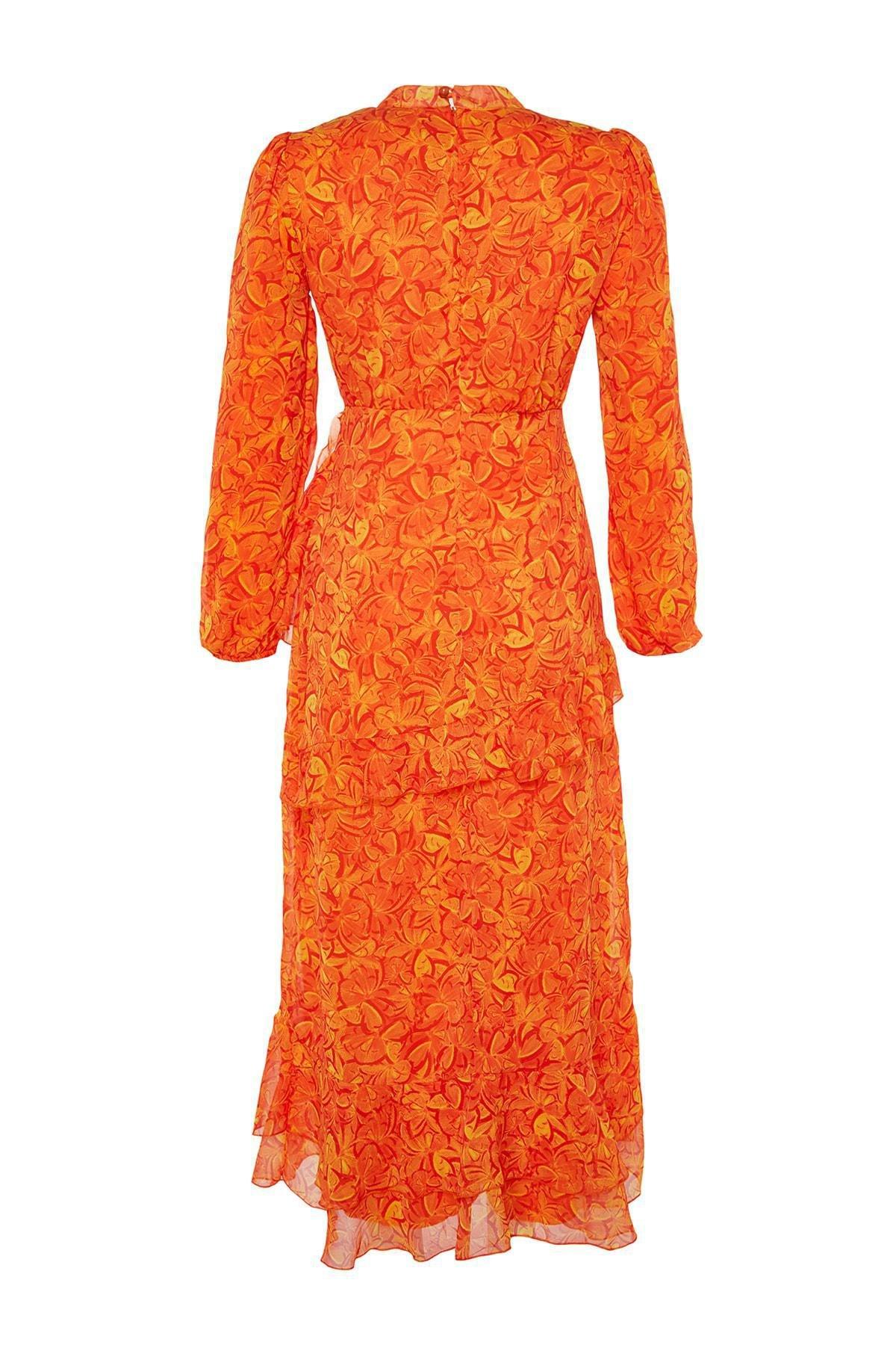 Orange Floral Ruffle Hem Dress, , large image number 6