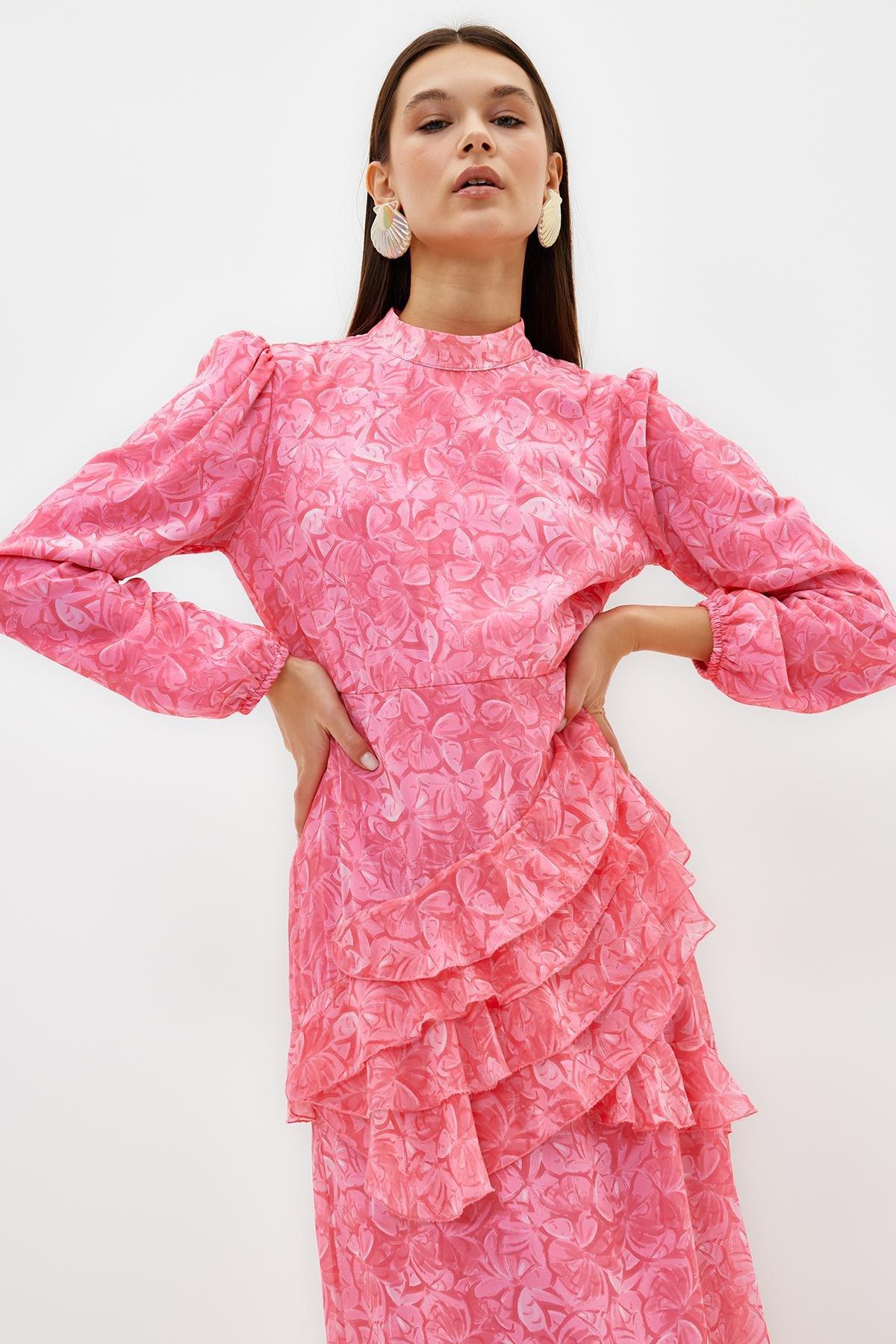 Pink Floral Frilly Chiffon Dress, , large image number 0