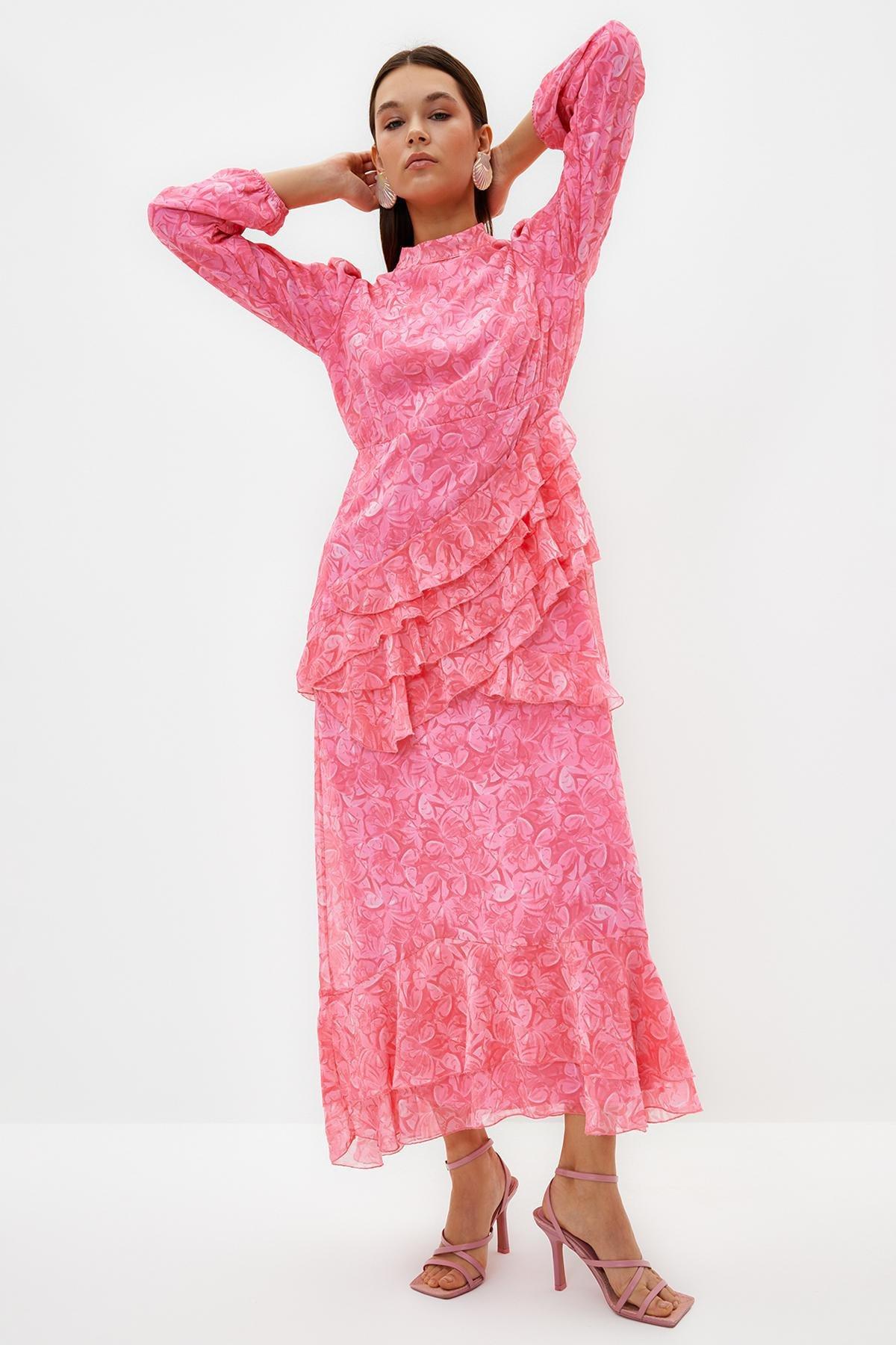 Pink Floral Frilly Chiffon Dress, , large image number 1