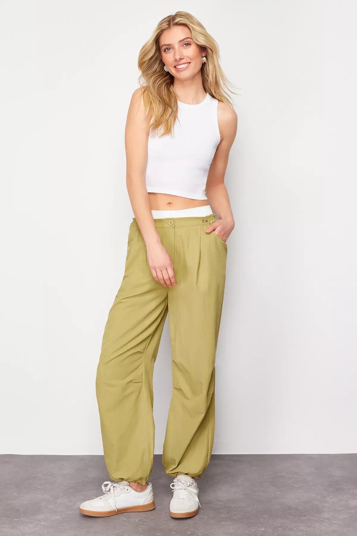 Green Jogger Elastic Woven Trousers, Green, large image number 0