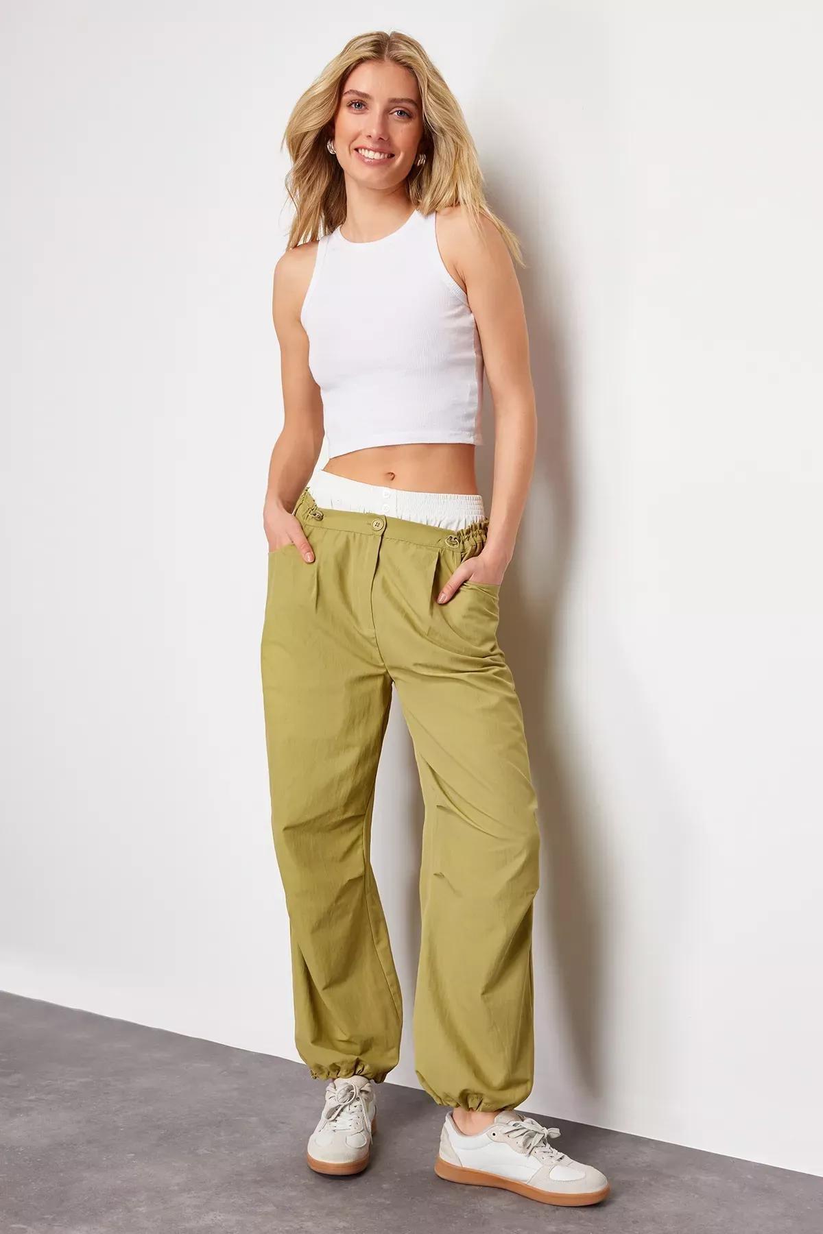 Green Jogger Elastic Woven Trousers, Green, large image number 2
