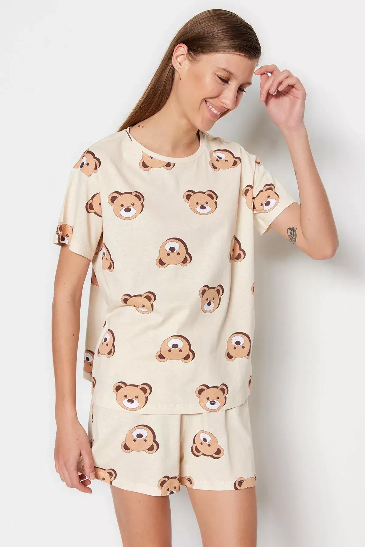 Ecru Crew Neck Graphic Pyjama Set, Ecru, large image number 0