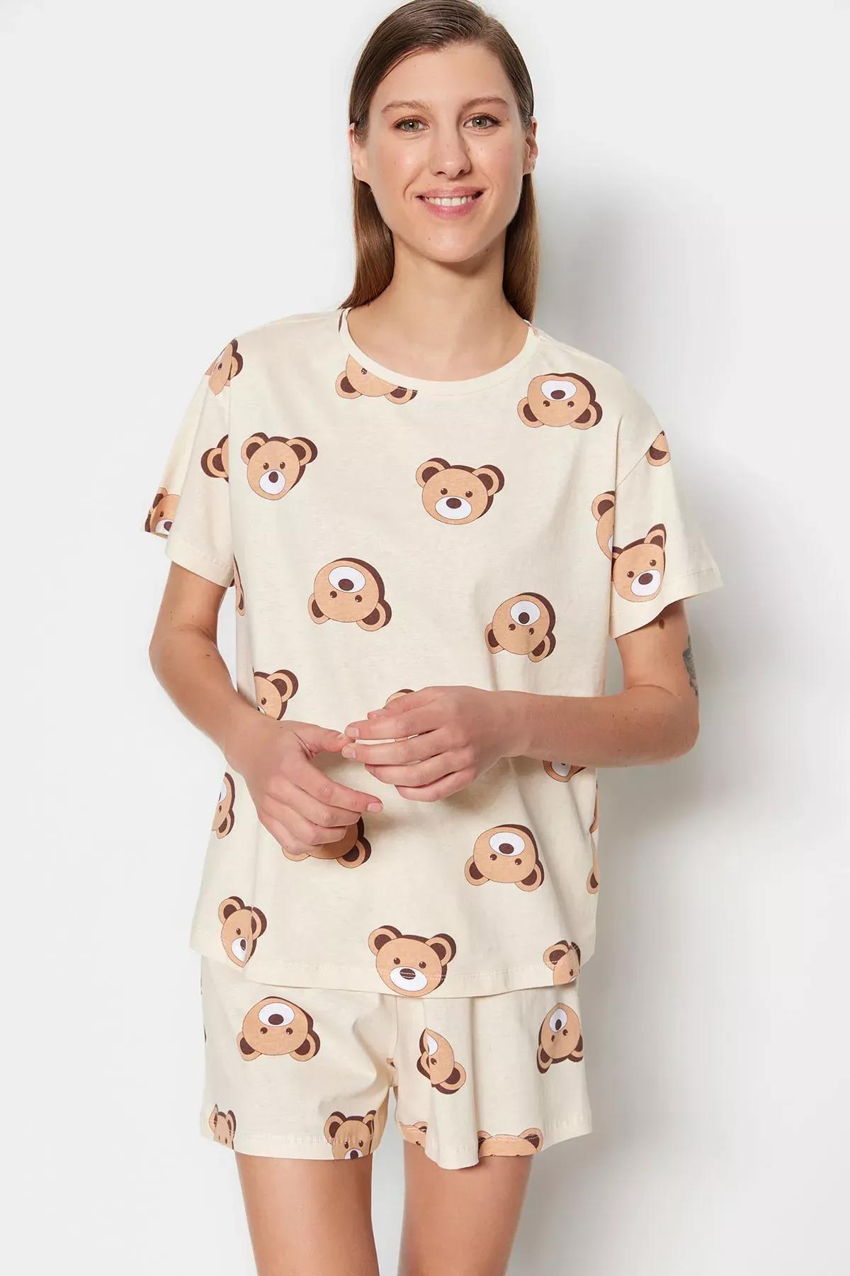 Ecru Crew Neck Graphic Pyjama Set, Ecru, large image number 2