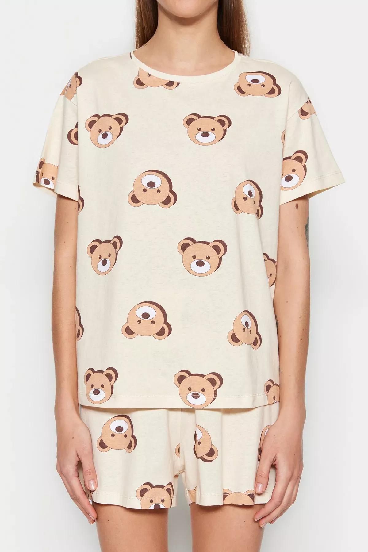 Ecru Crew Neck Graphic Pyjama Set, Ecru, large image number 4