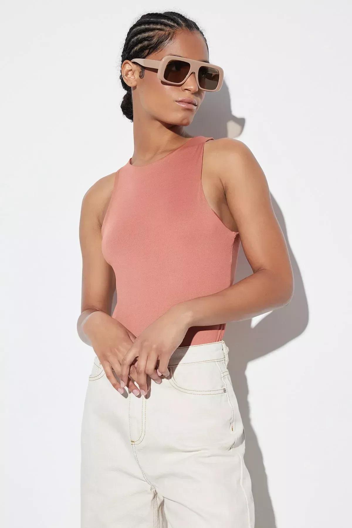 Orange Collared Knitted Tops, Brown, large image number 2