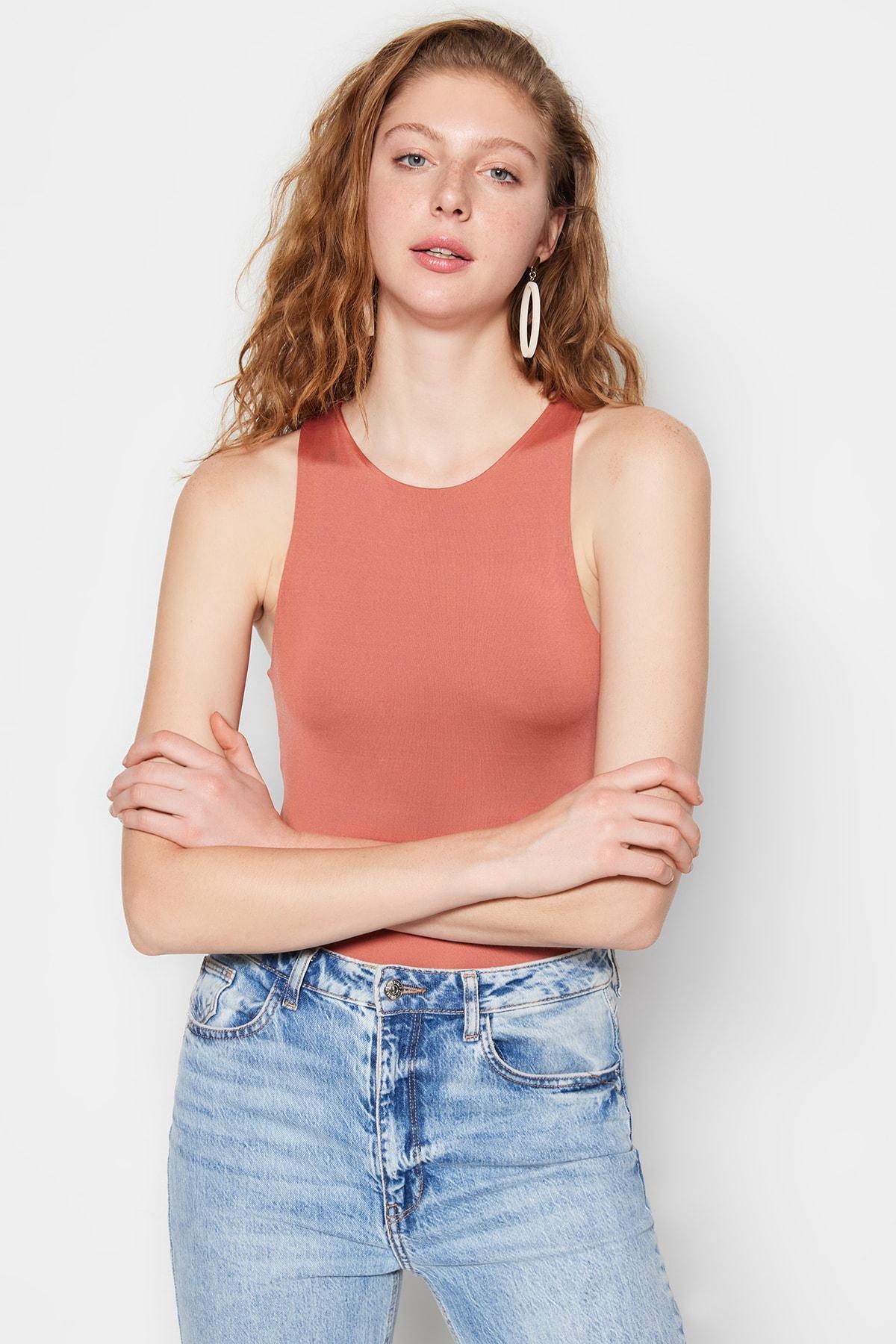 Orange Collared Knitted Tops, Brown, large image number 5