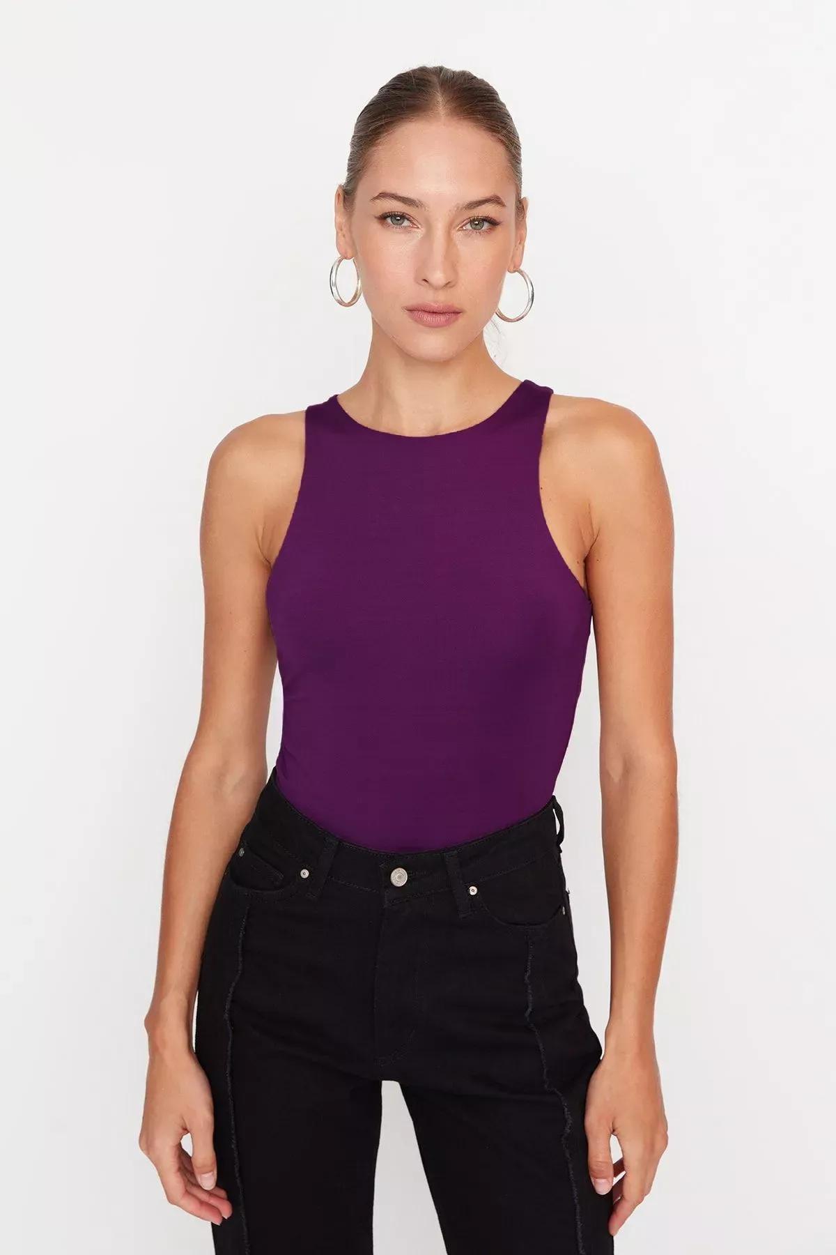 Purple Collared Knitted Tops, Purple, large image number 2