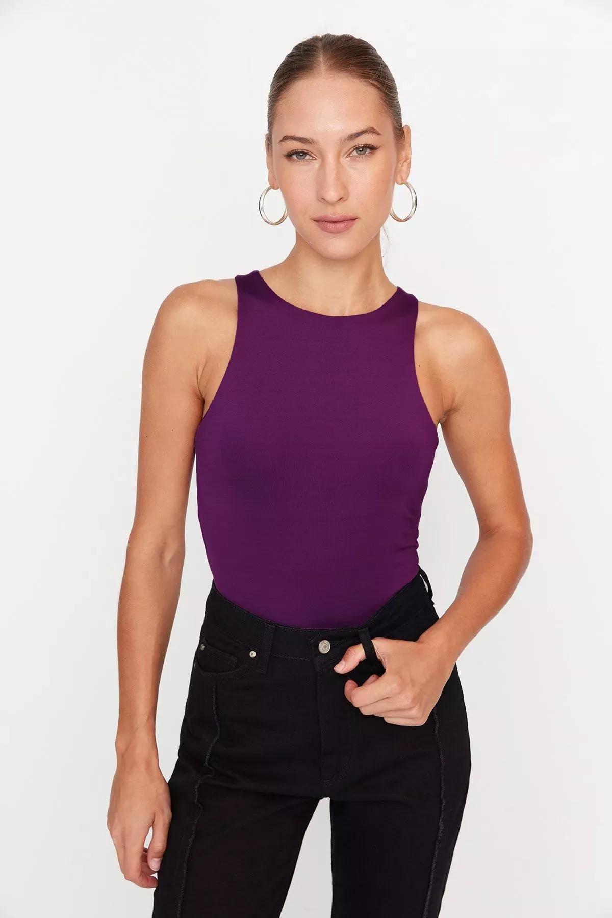 Purple Collared Knitted Tops, Purple, large image number 5