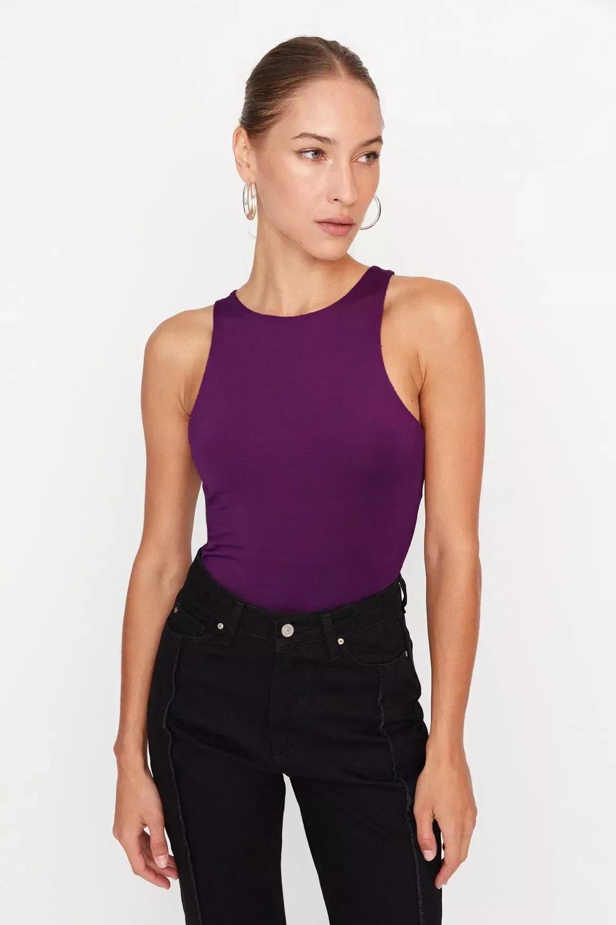 Purple Collared Knitted Tops, Purple, large image number 8