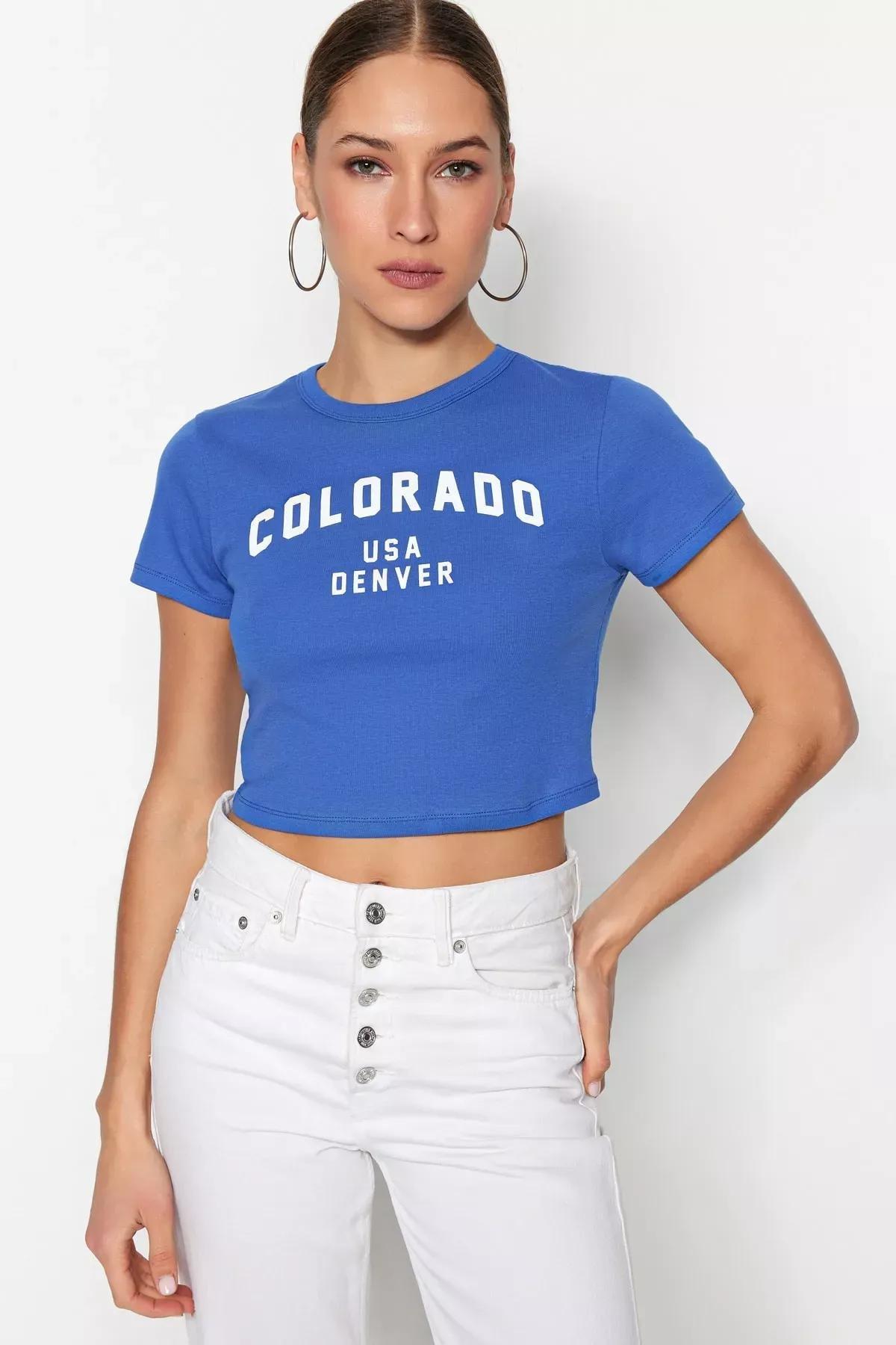 تيشيرت بقصة سليم فت مزين بطبعة، أزرق, Blue, large image number 0