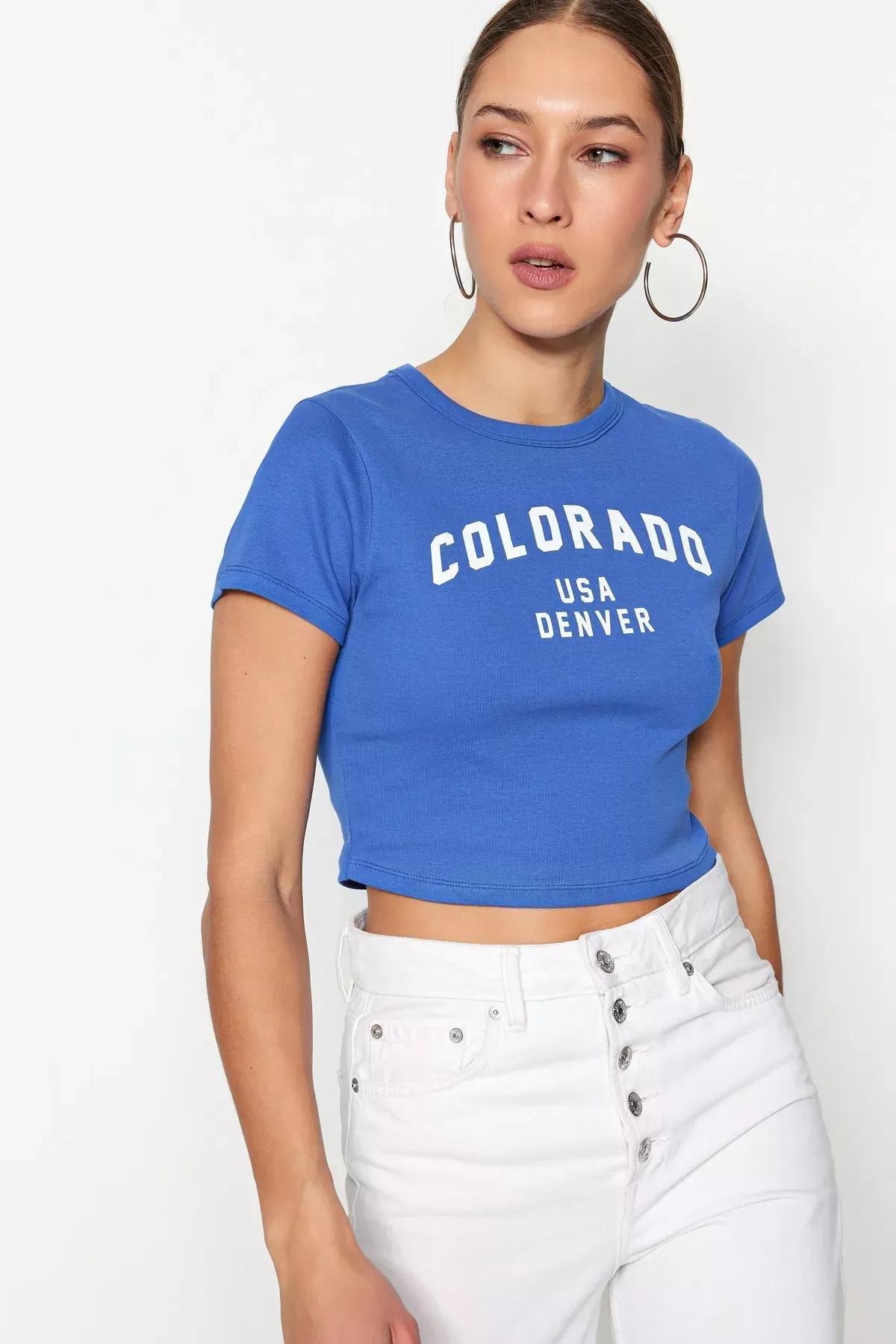 تيشيرت بقصة سليم فت مزين بطبعة، أزرق, Blue, large image number 3