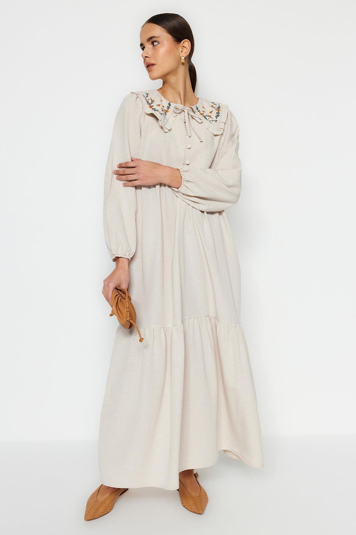 Cream Embroidered Linen Dress, , large image number 0