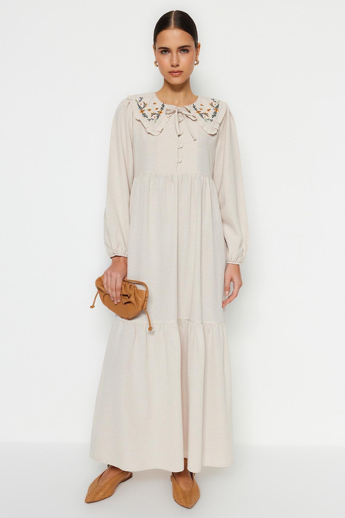 Cream Embroidered Linen Dress, , large image number 1