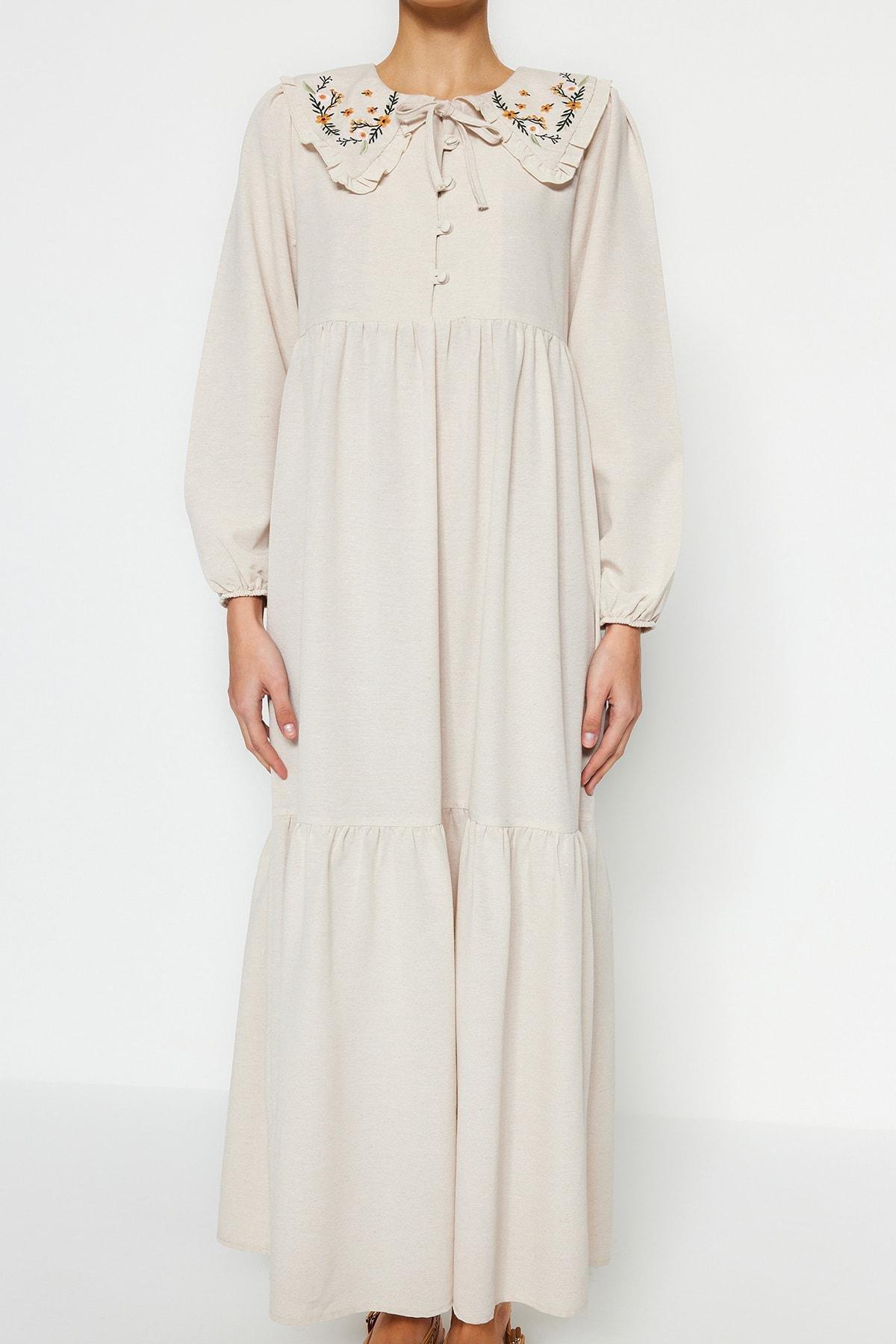 Cream Embroidered Linen Dress, , large image number 2