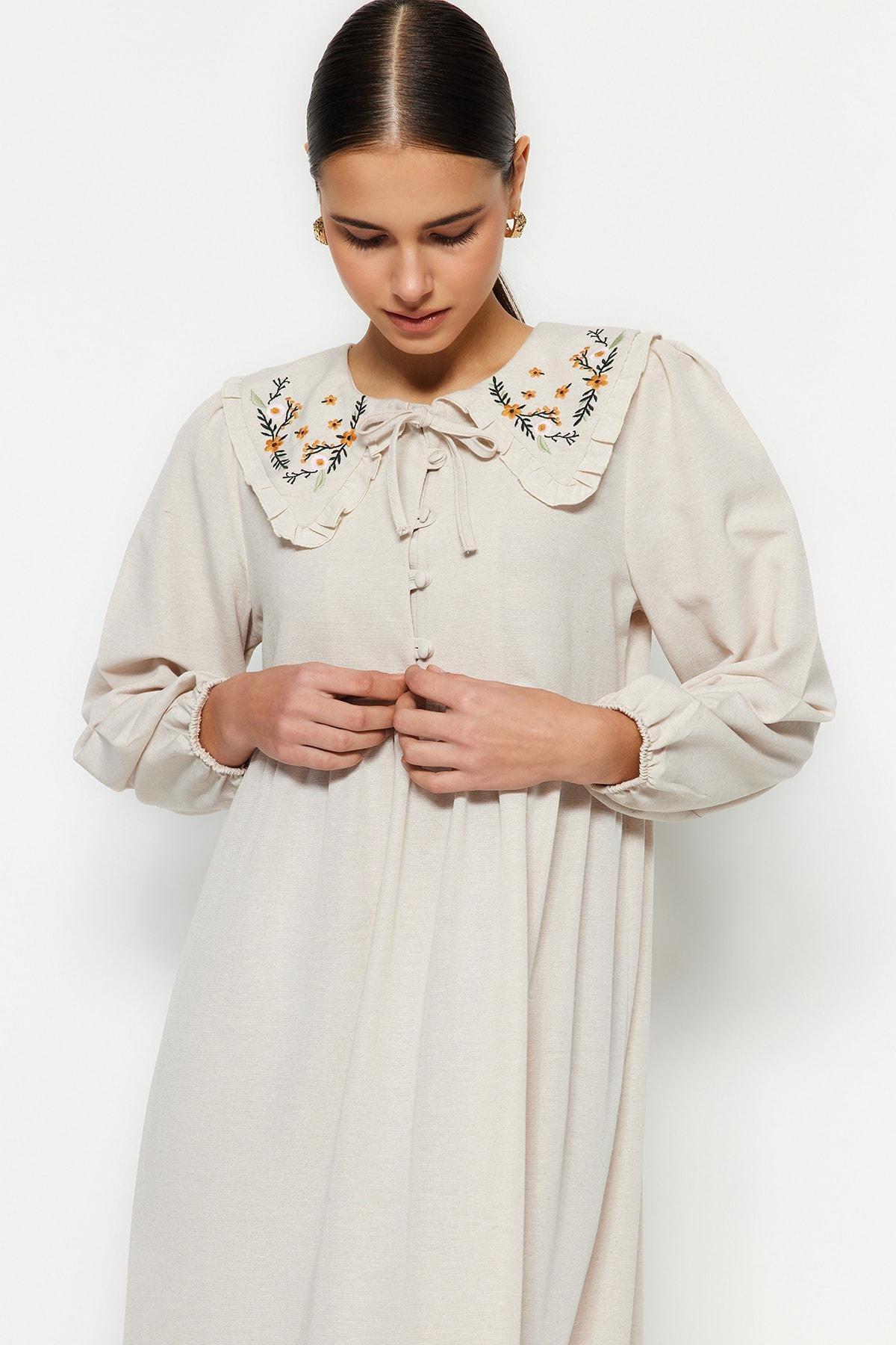 Cream Embroidered Linen Dress, , large image number 3