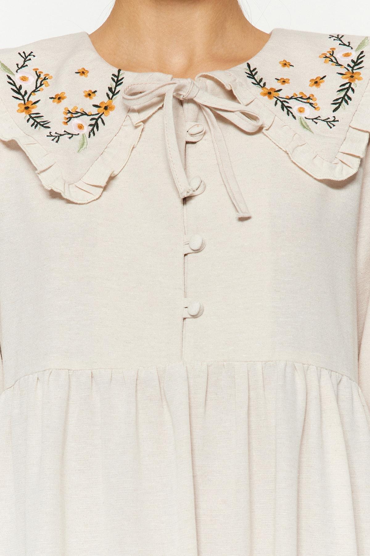 Cream Embroidered Linen Dress, , large image number 4