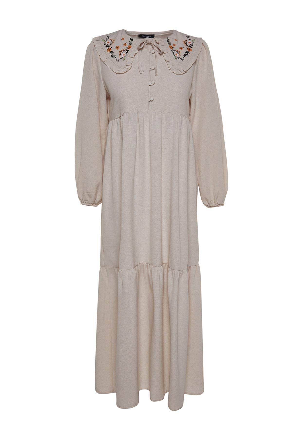 Cream Embroidered Linen Dress, , large image number 5