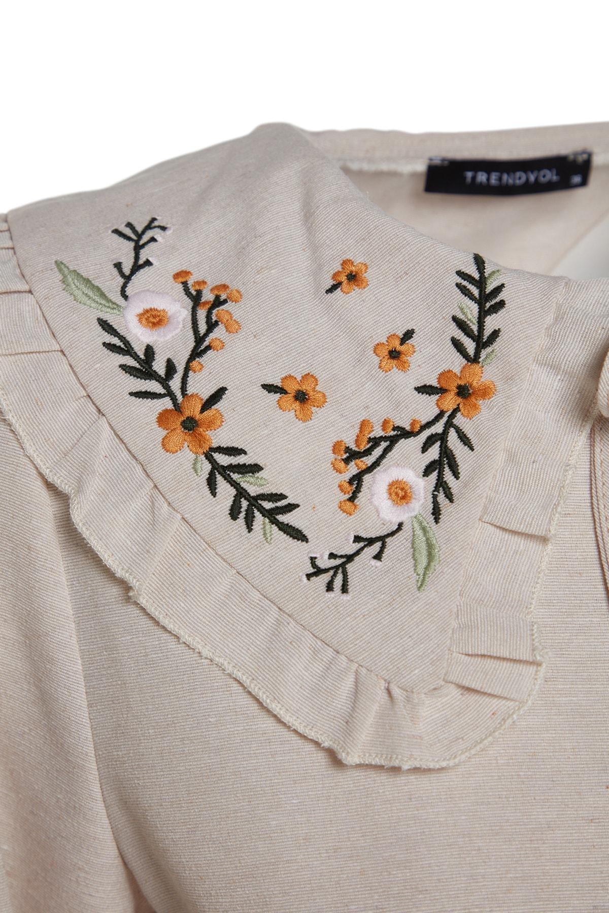 Cream Embroidered Linen Dress, , large image number 6