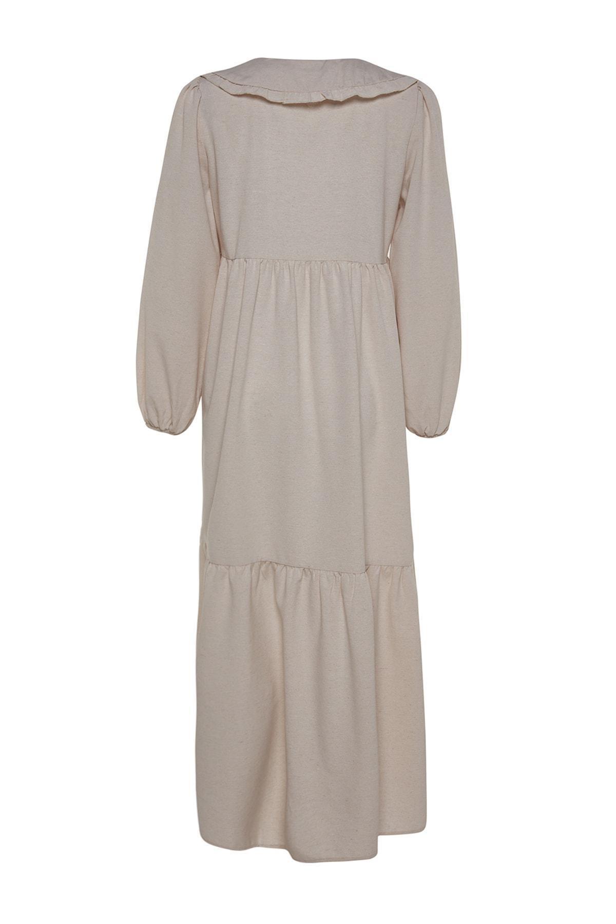 Cream Embroidered Linen Dress, , large image number 7