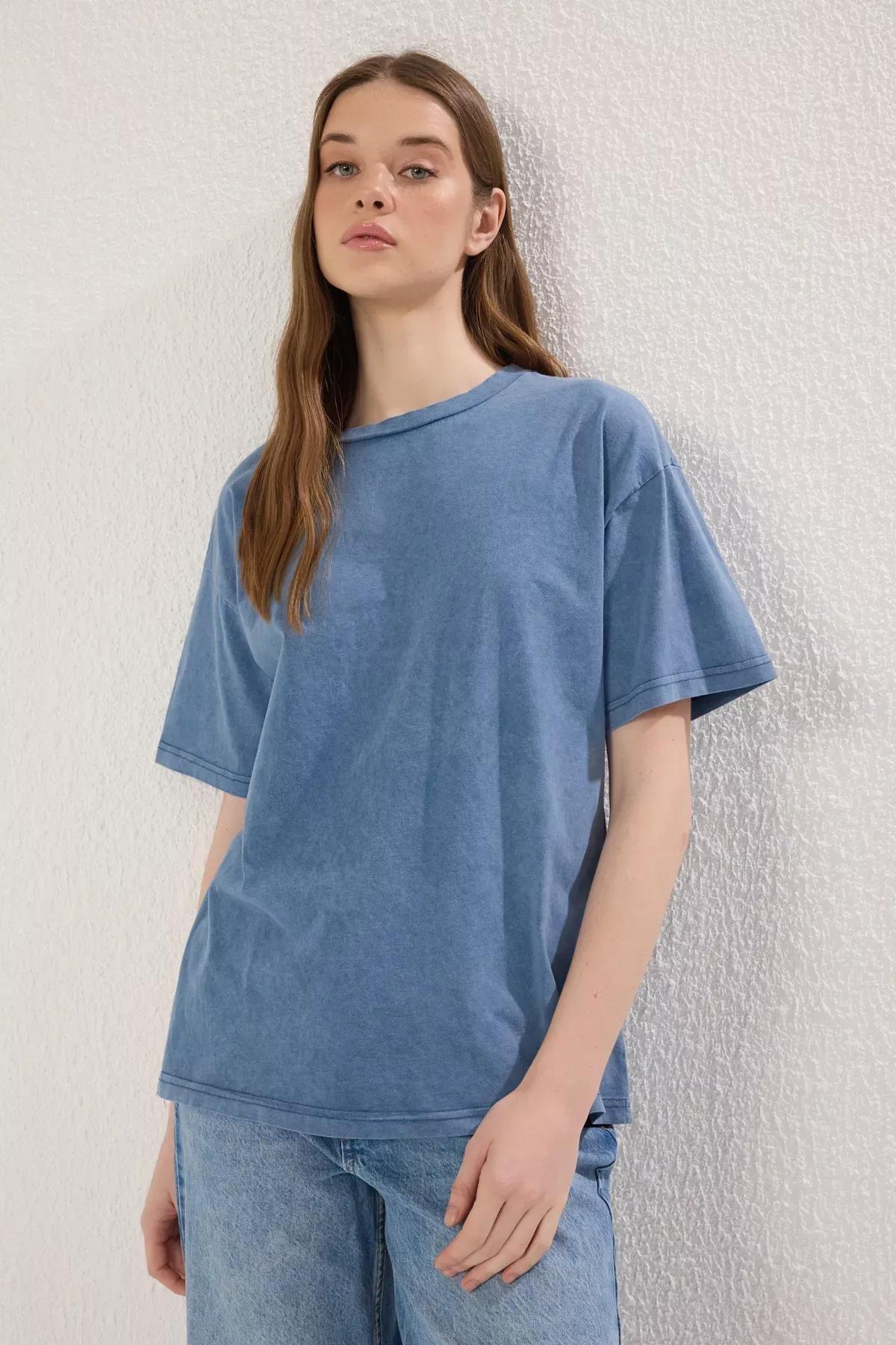 Blue Crew-Neck Knitted T-Shirt, , large image number 1