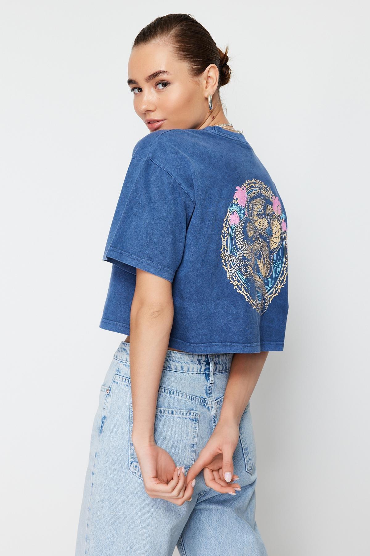Navy Printed Crop Crew Neck T-Shirt, , large image number 0