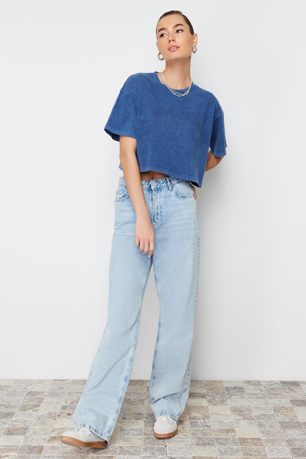 Navy Printed Crop Crew Neck T-Shirt, , large image number 1