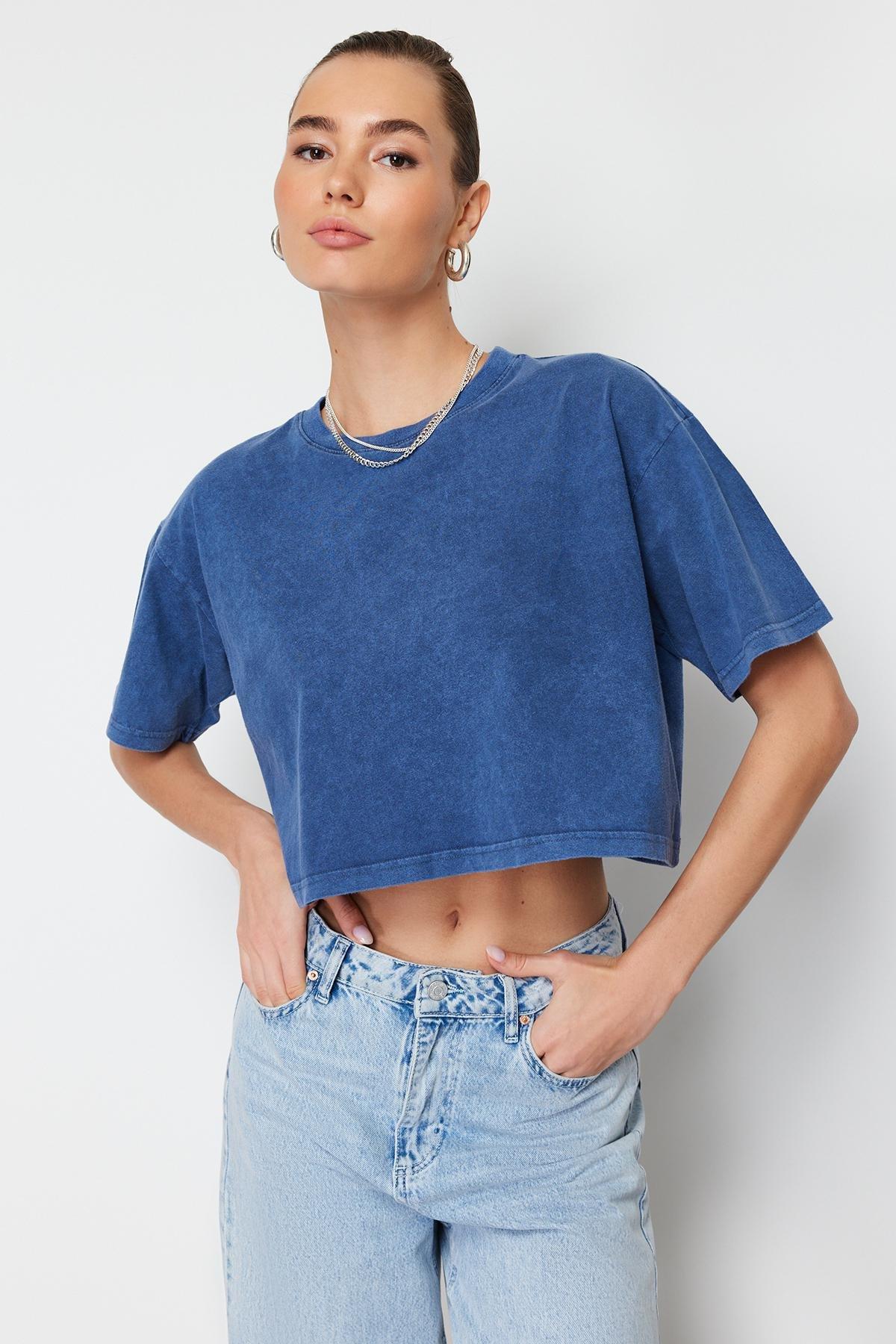 Navy Printed Crop Crew Neck T-Shirt, , large image number 2