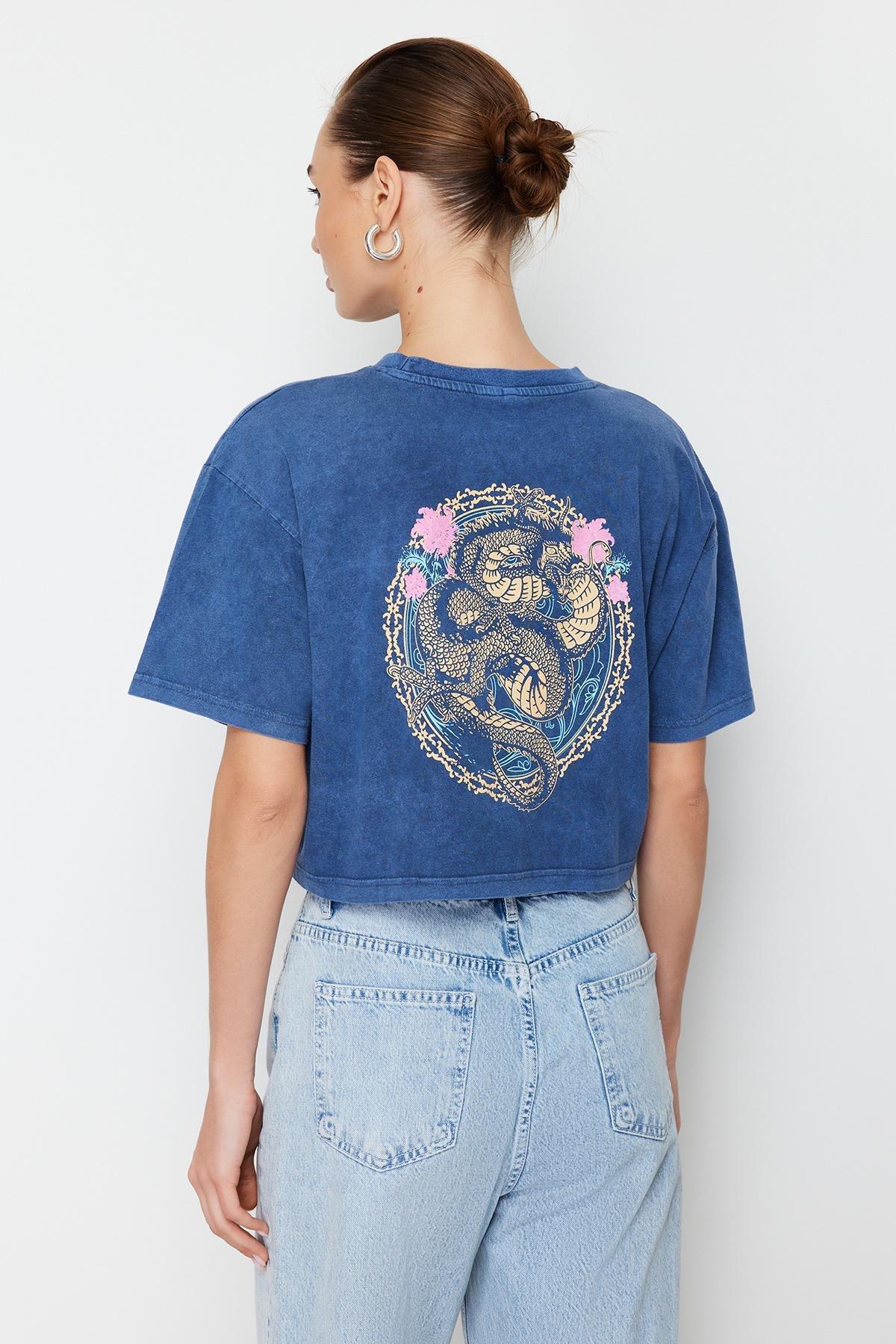 Navy Printed Crop Crew Neck T-Shirt, , large image number 3