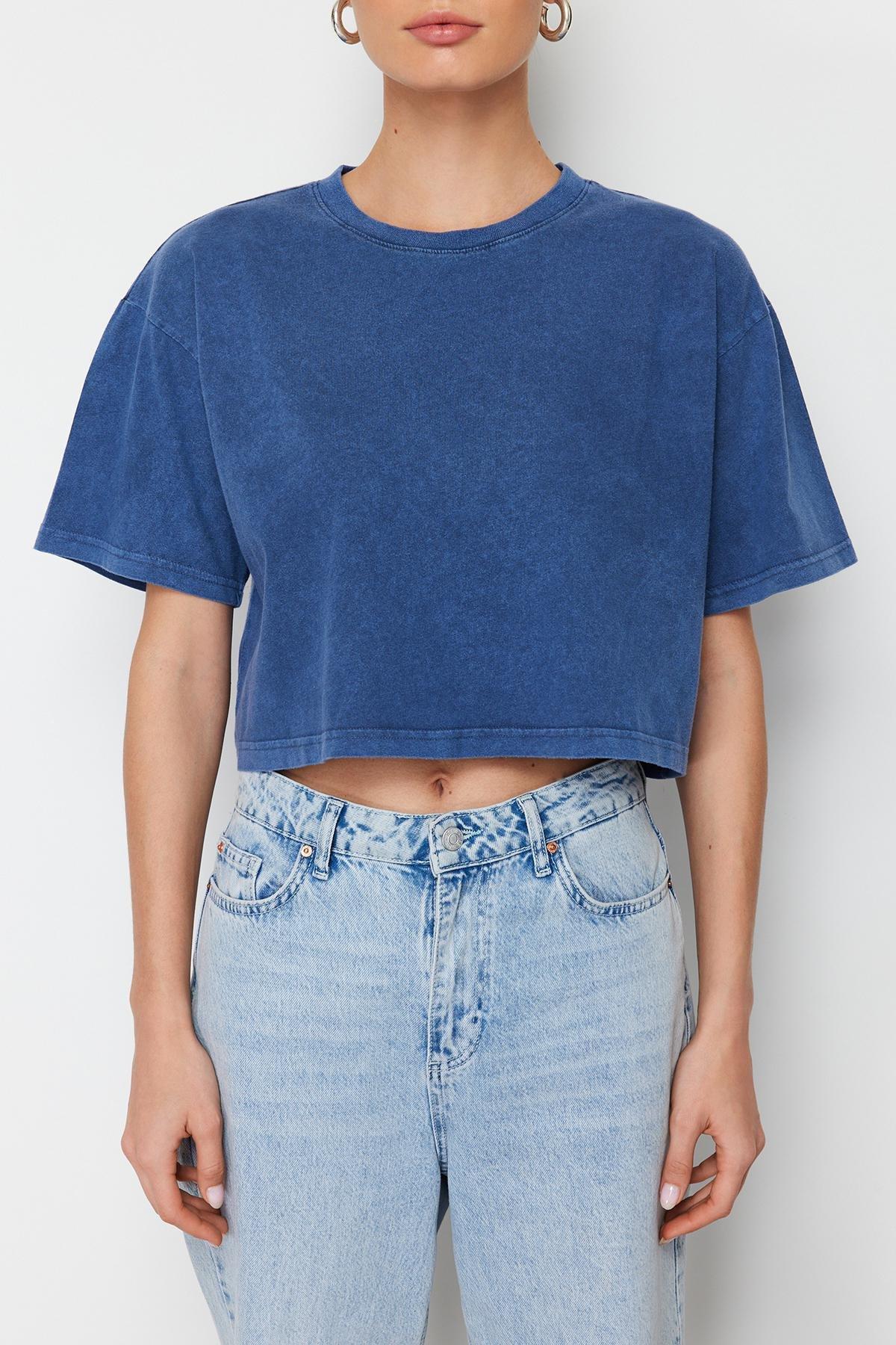 Navy Printed Crop Crew Neck T-Shirt, , large image number 4