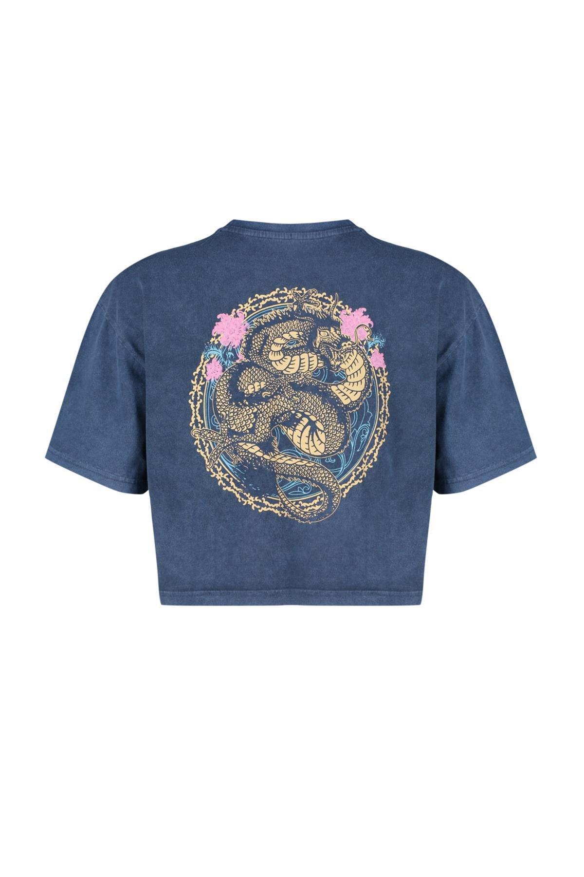 Navy Printed Crop Crew Neck T-Shirt, , large image number 5