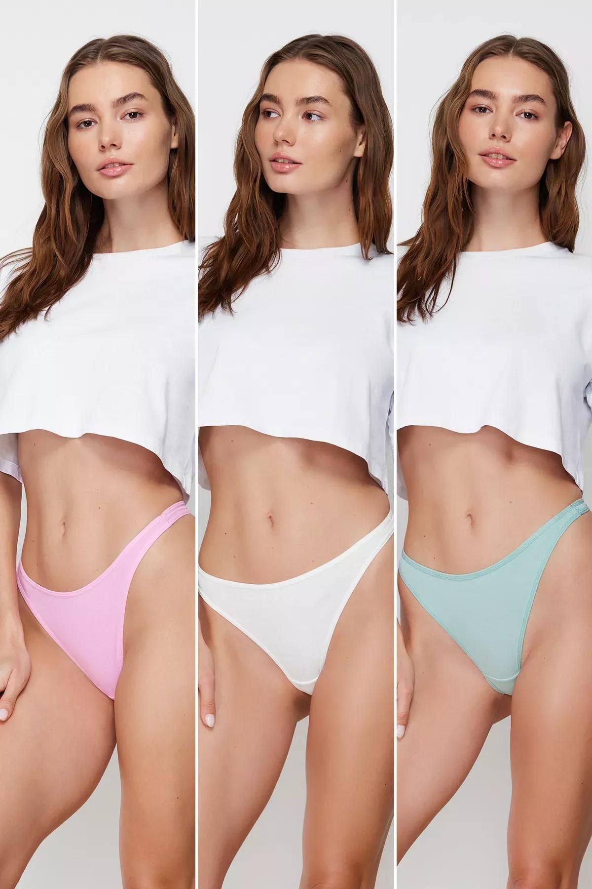 Multicolour Thong Knitted Panties, Set Of 3, Pink-Multicolor, medium
