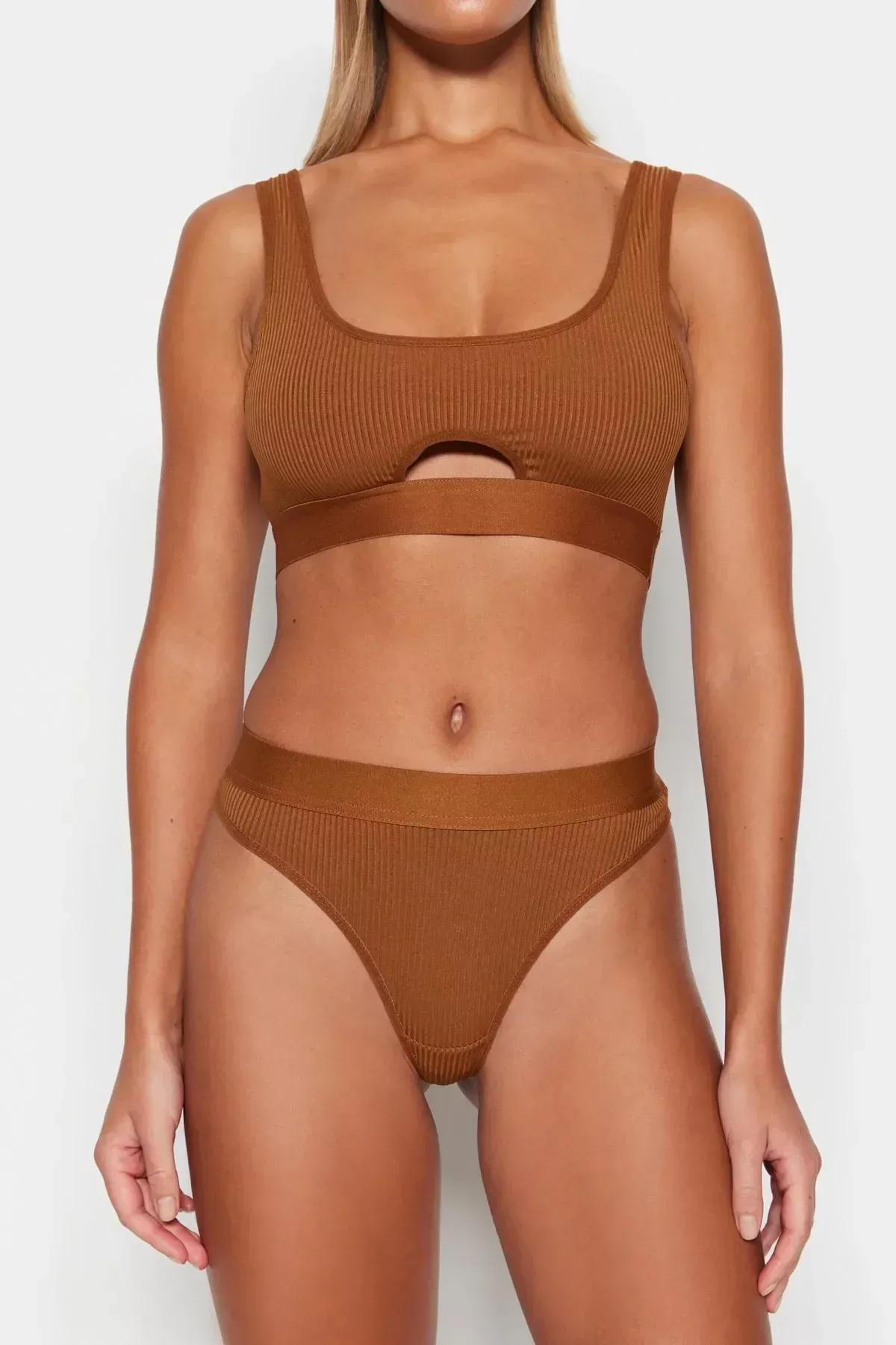 Brown Plain Underwear Co-Ord Set, Brown, large image number 3