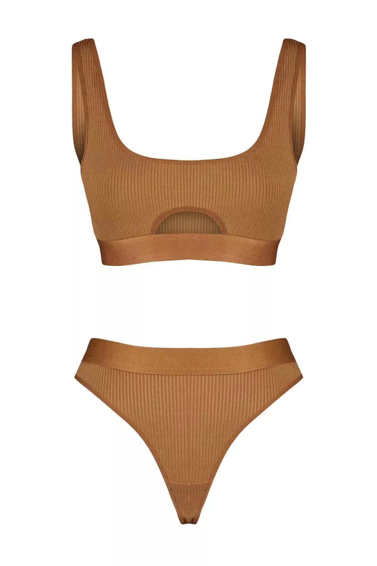 Brown Plain Underwear Co-Ord Set, Brown, large image number 5