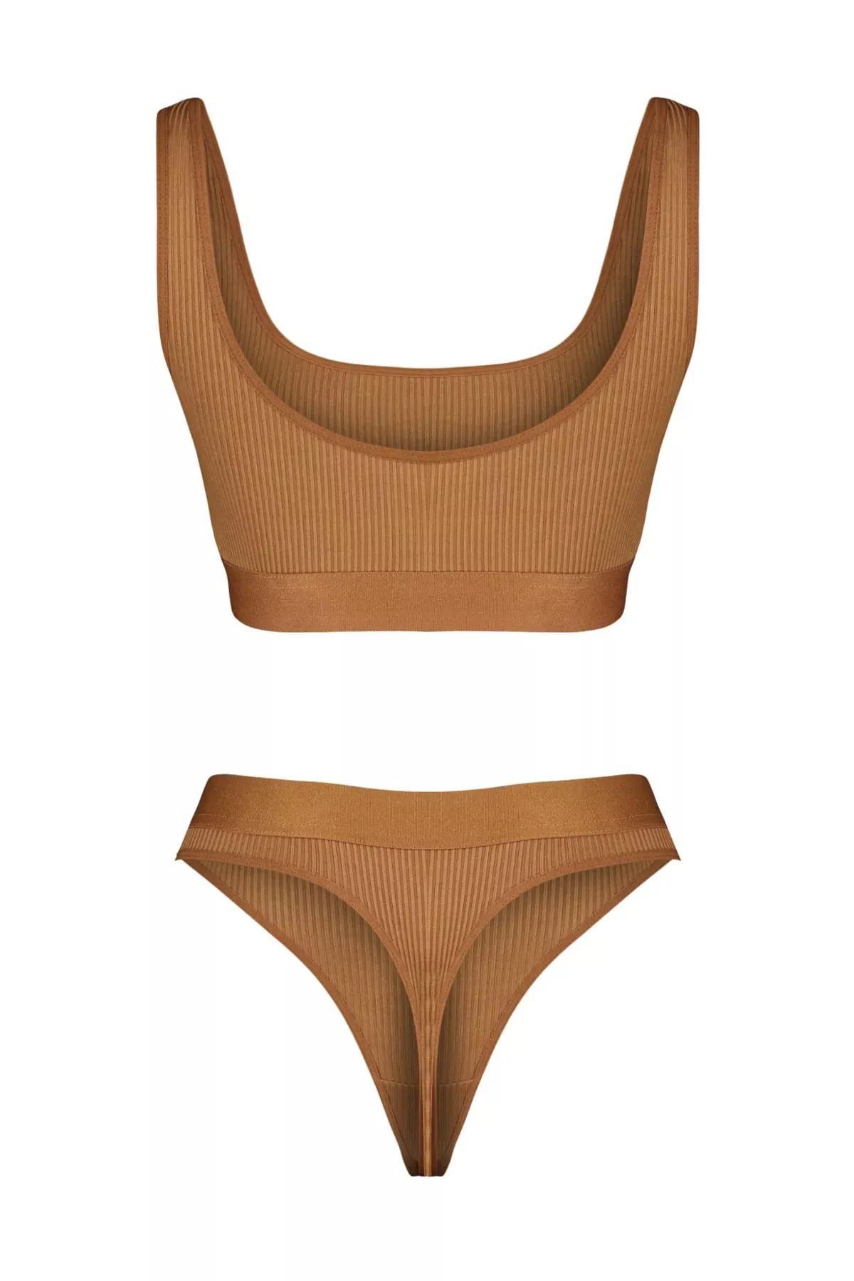 Brown Plain Underwear Co-Ord Set, Brown, large image number 7