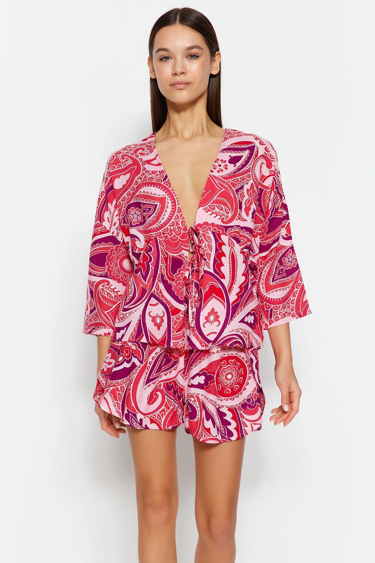 Pink Printed Tie Detailed Woven Pyjama Set, , large image number 0