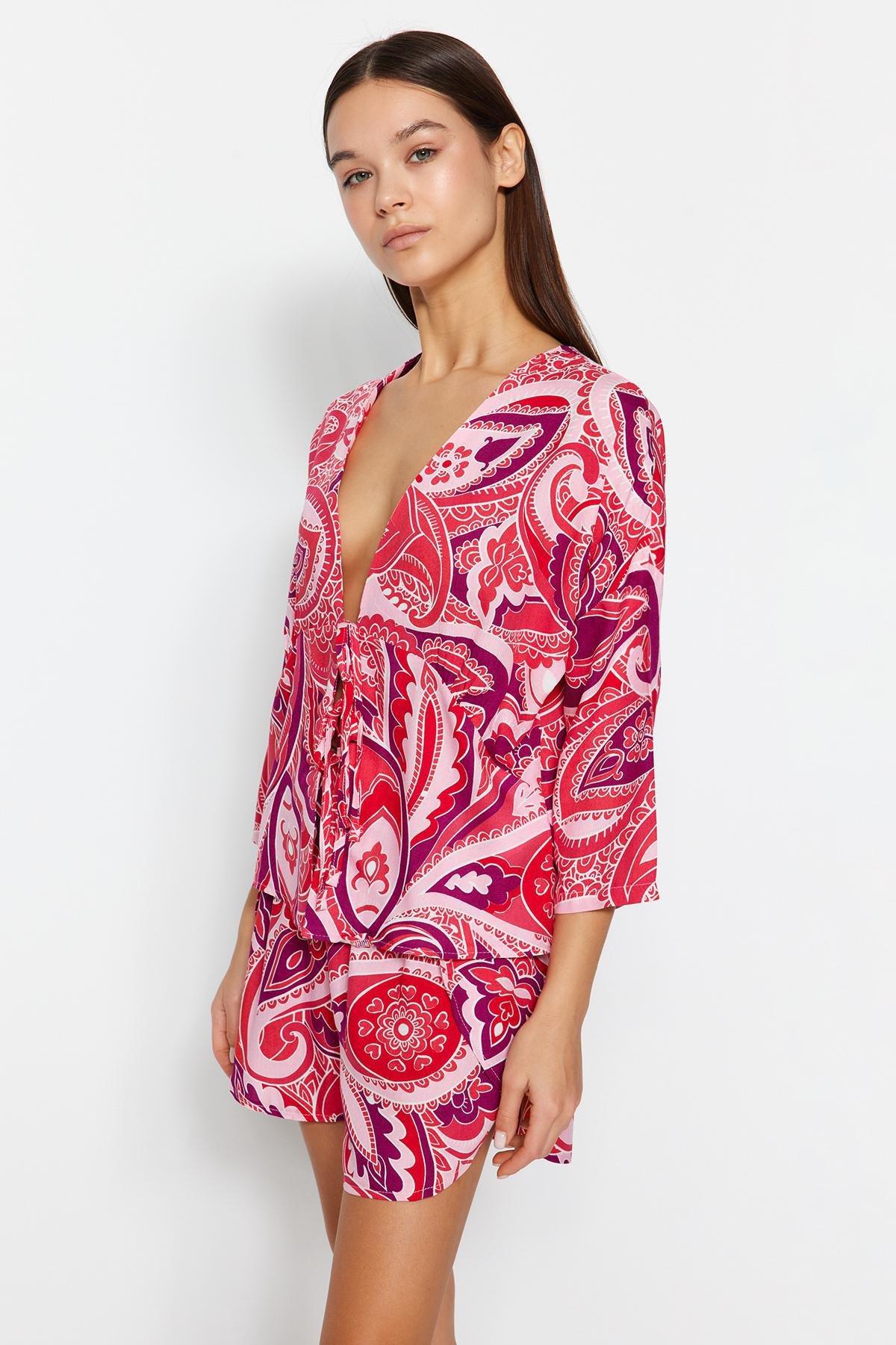 Pink Printed Tie Detailed Woven Pyjama Set, , large image number 1