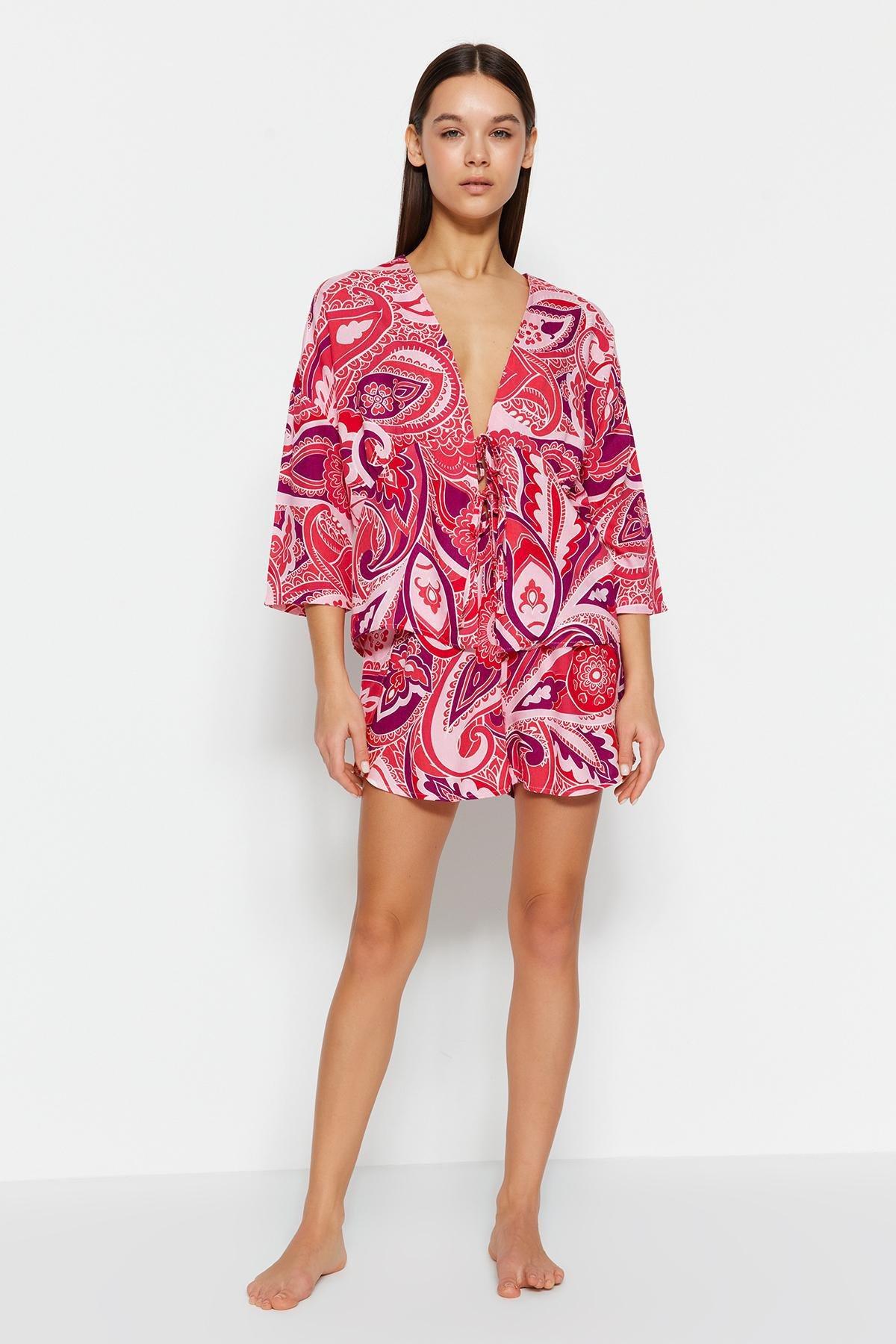 Pink Printed Tie Detailed Woven Pyjama Set, , large image number 2