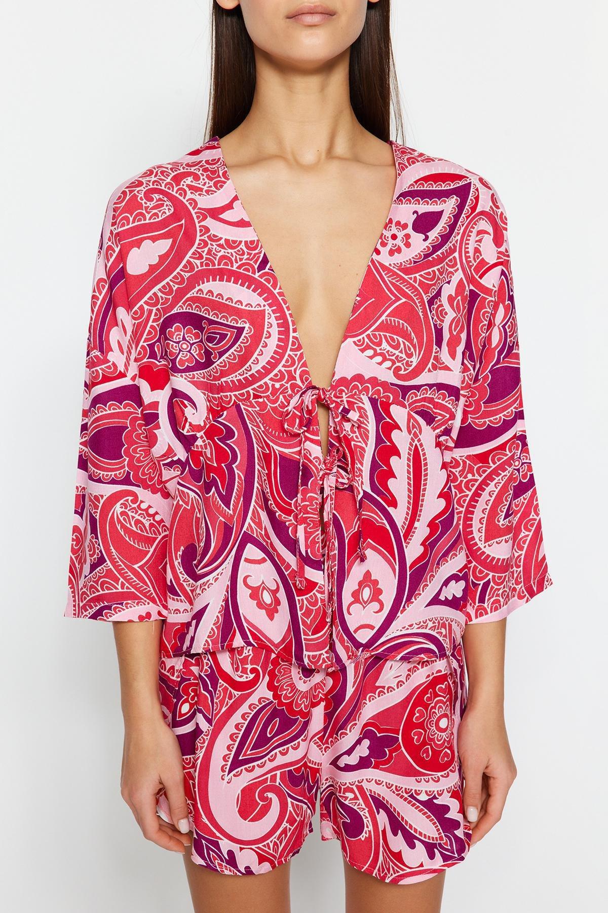 Pink Printed Tie Detailed Woven Pyjama Set, , large image number 3